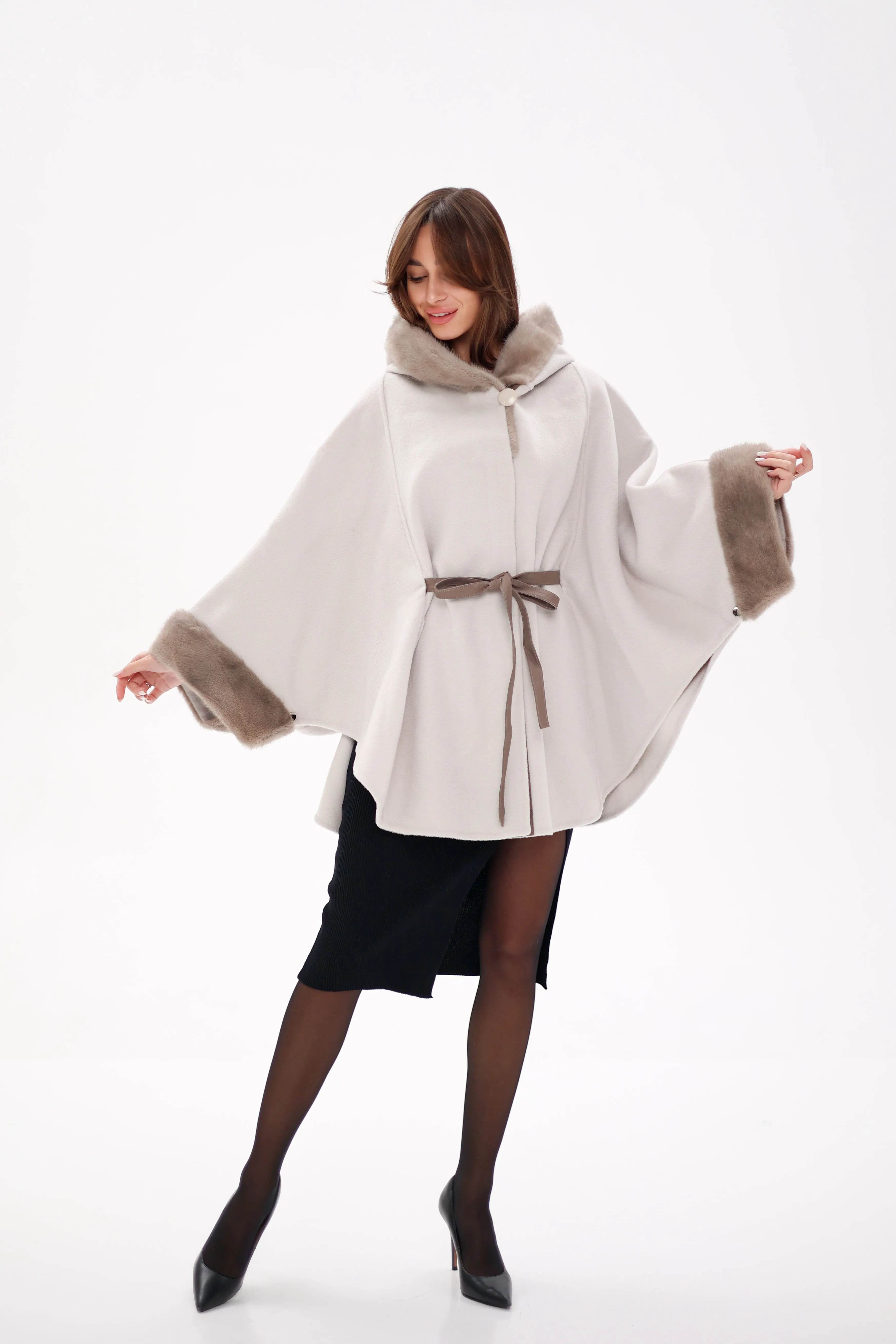 Genuine Mink Fur Double Face Wool Hooded Poncho