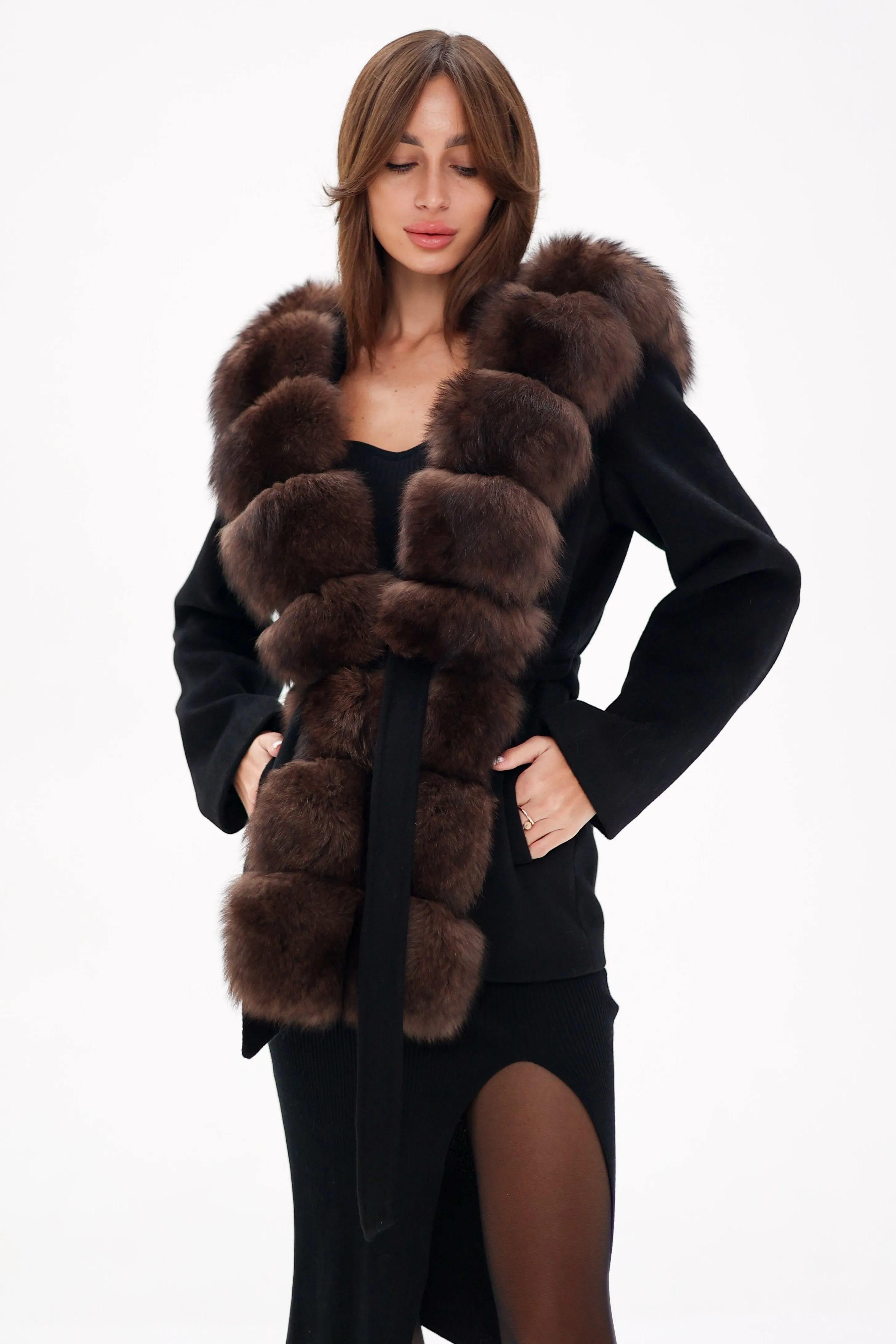 Genuine Polar Fox Fur Hooded Virgin Wool Coat