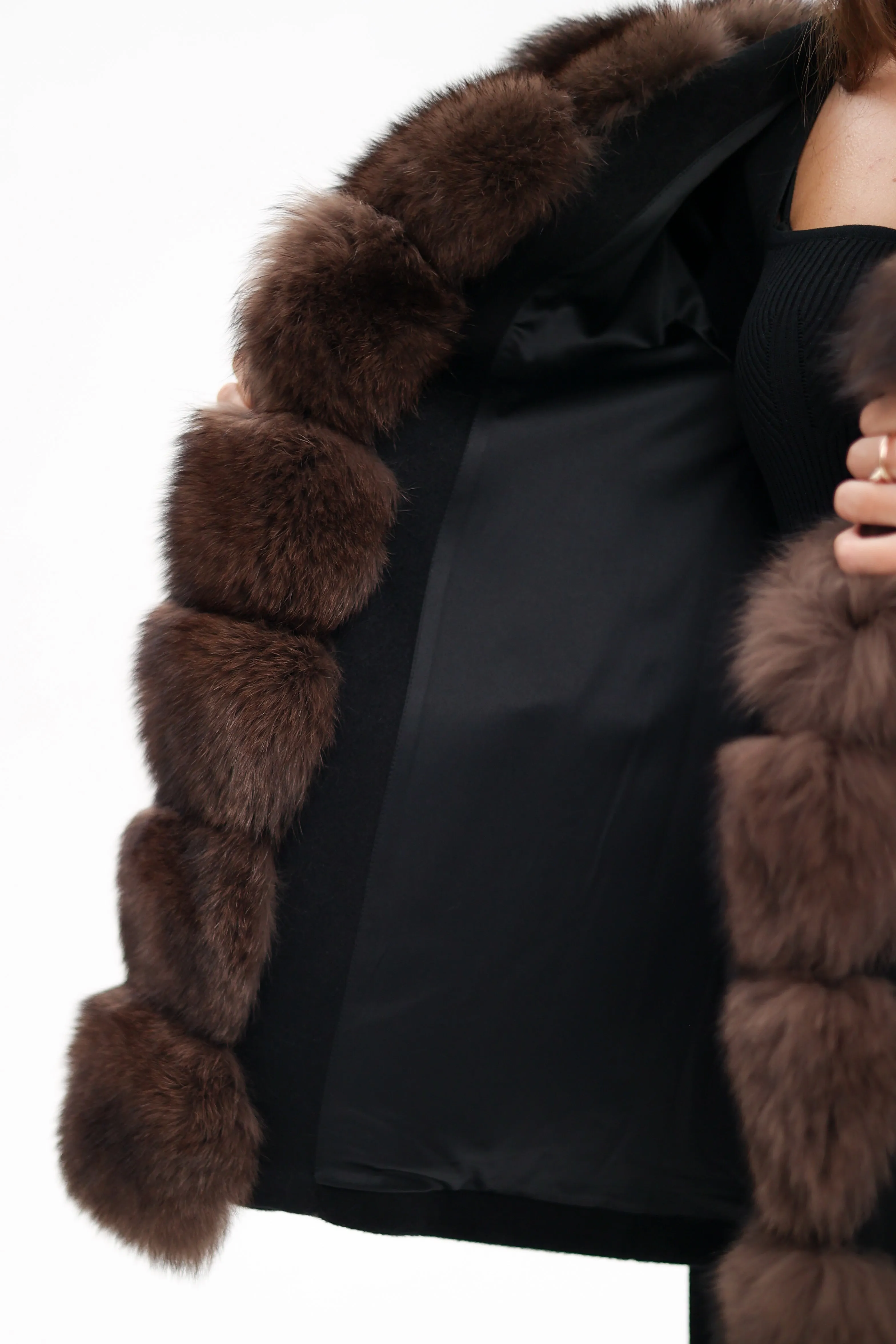 Genuine Polar Fox Fur Hooded Virgin Wool Coat