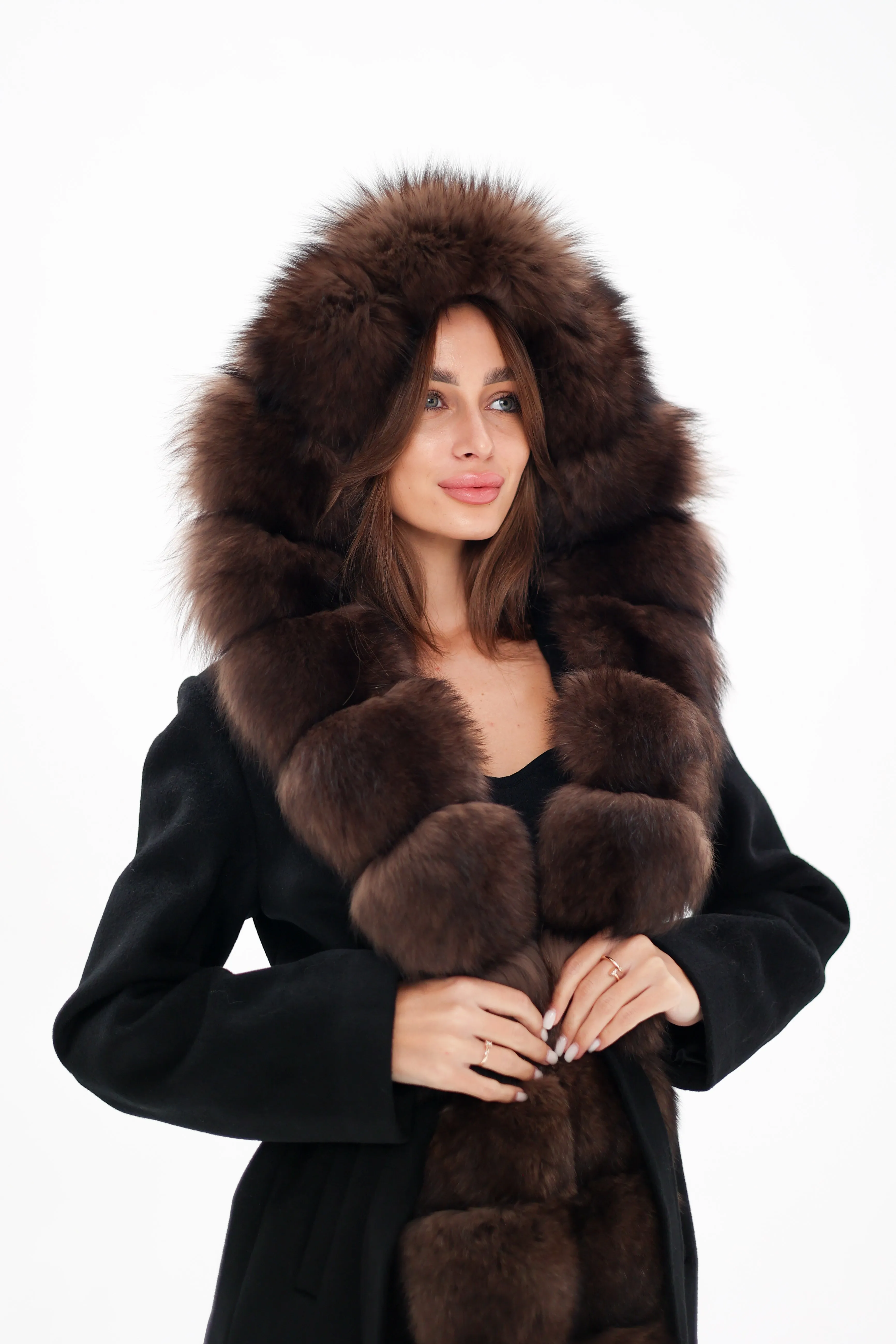 Genuine Polar Fox Fur Hooded Virgin Wool Coat