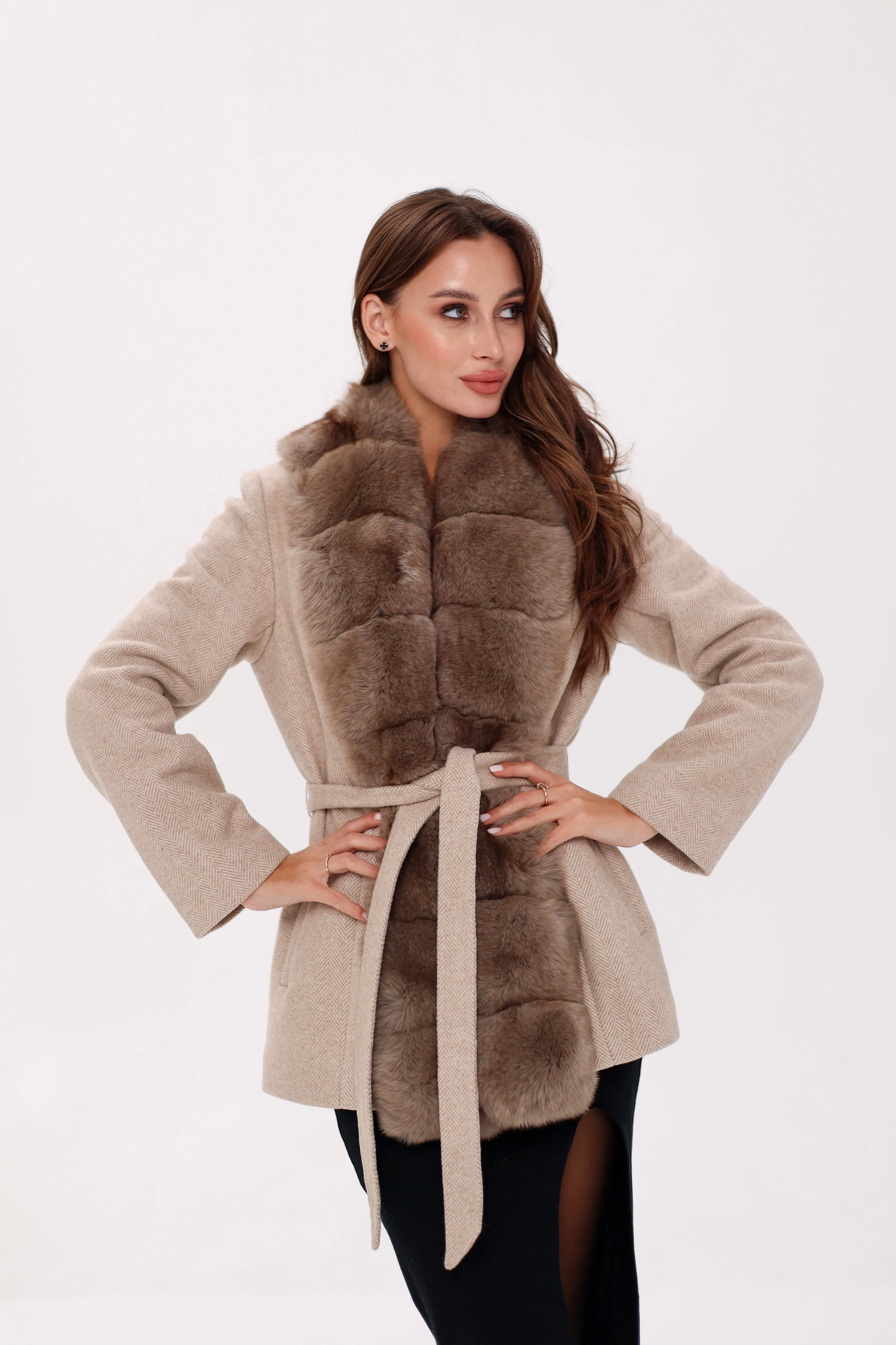 Genuine Polar Fox Fur Virgin Wool Coat in Nude