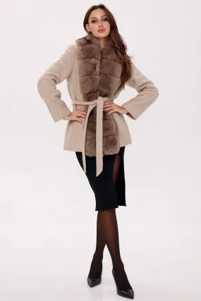 Genuine Polar Fox Fur Virgin Wool Coat in Nude