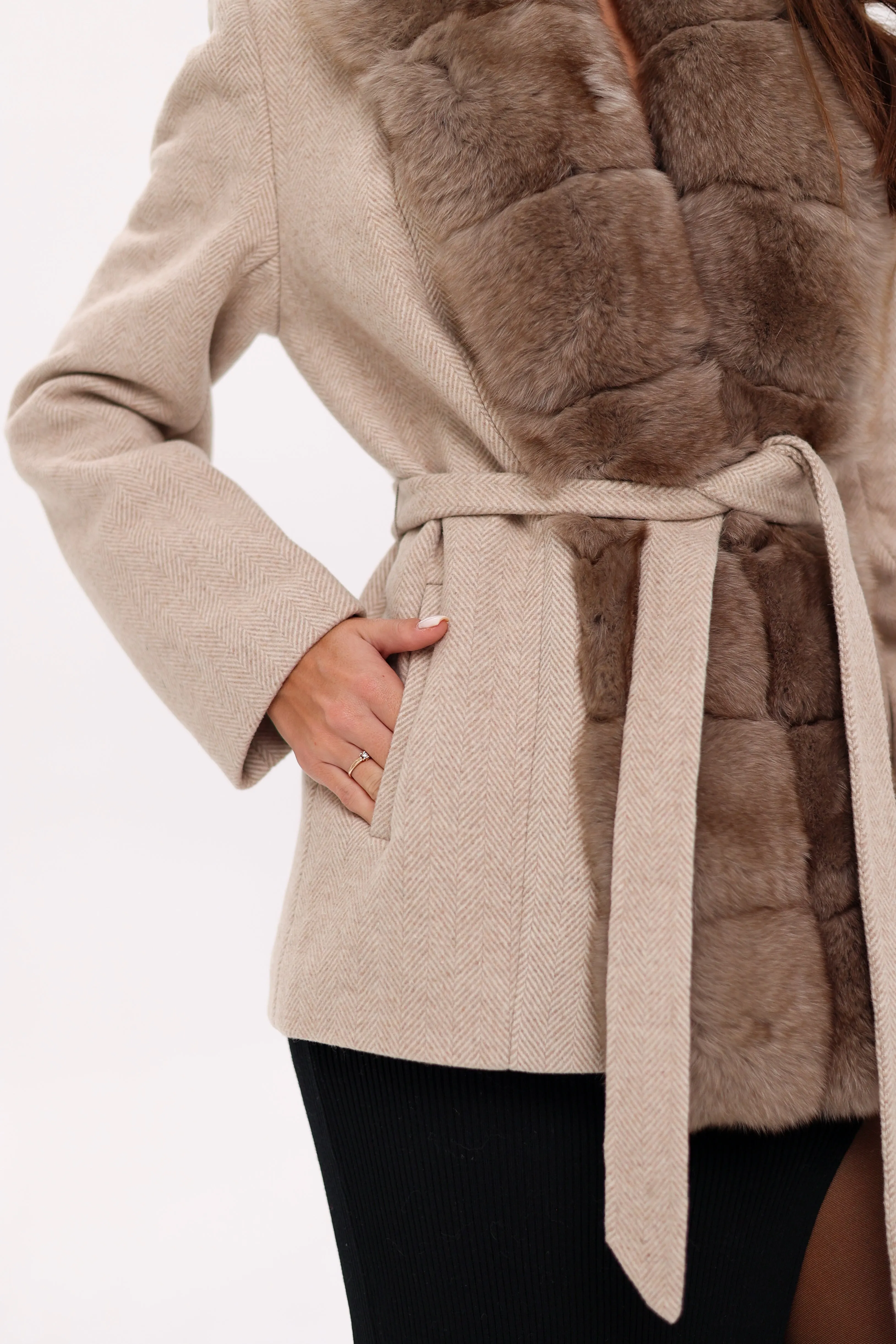 Genuine Polar Fox Fur Virgin Wool Coat in Nude