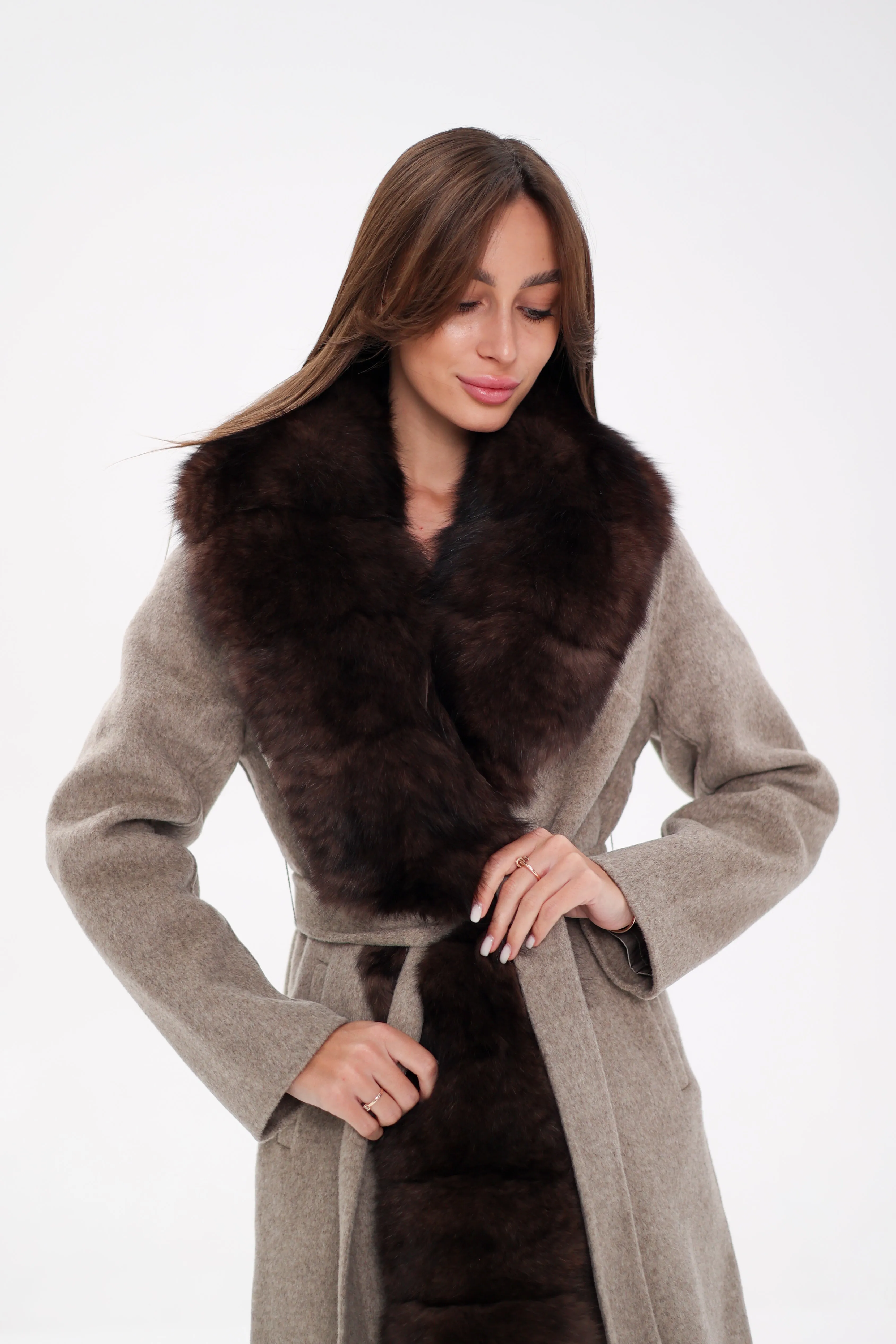 Genuine Polar Fox Fur Virgin Wool Coat