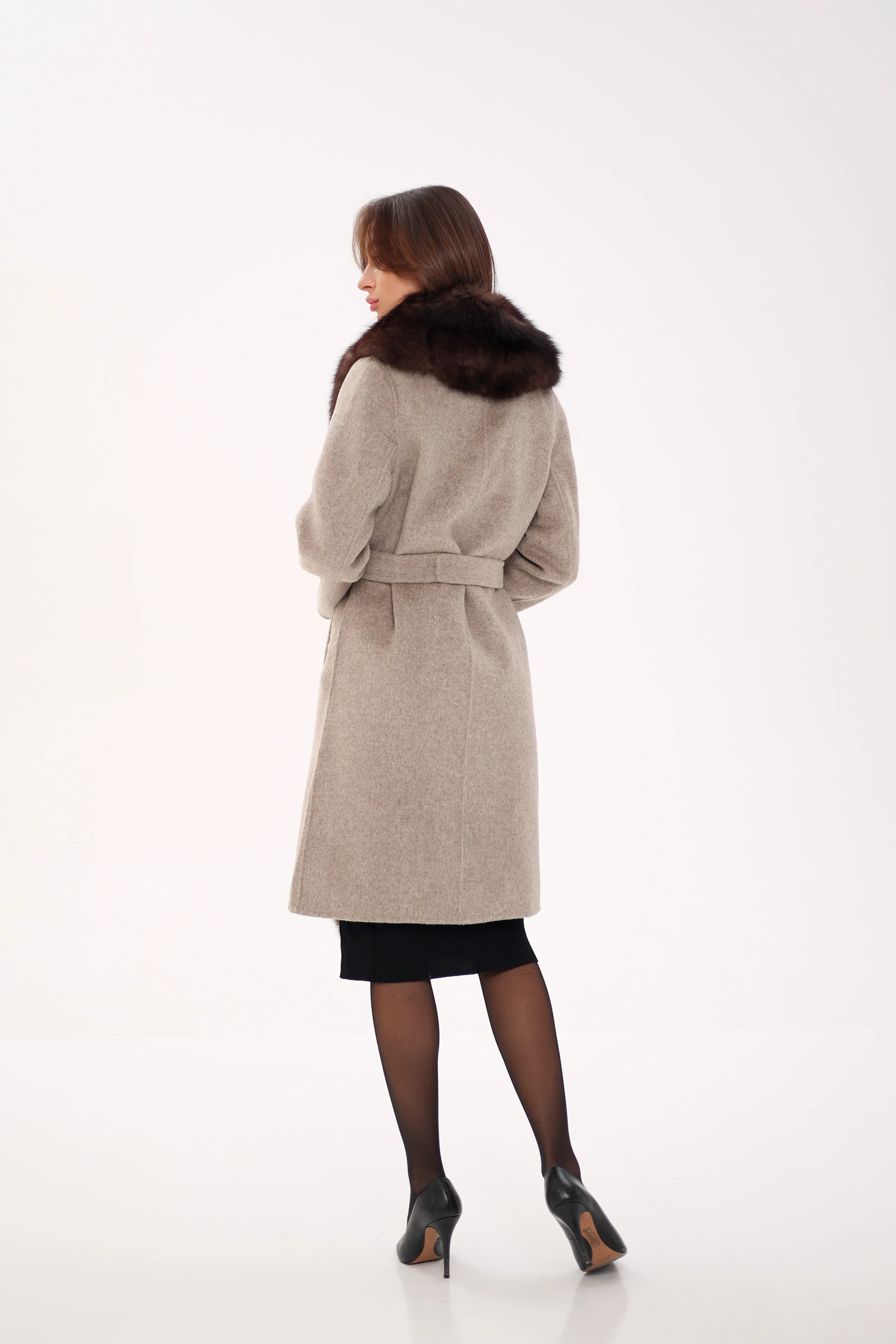 Genuine Polar Fox Fur Virgin Wool Coat