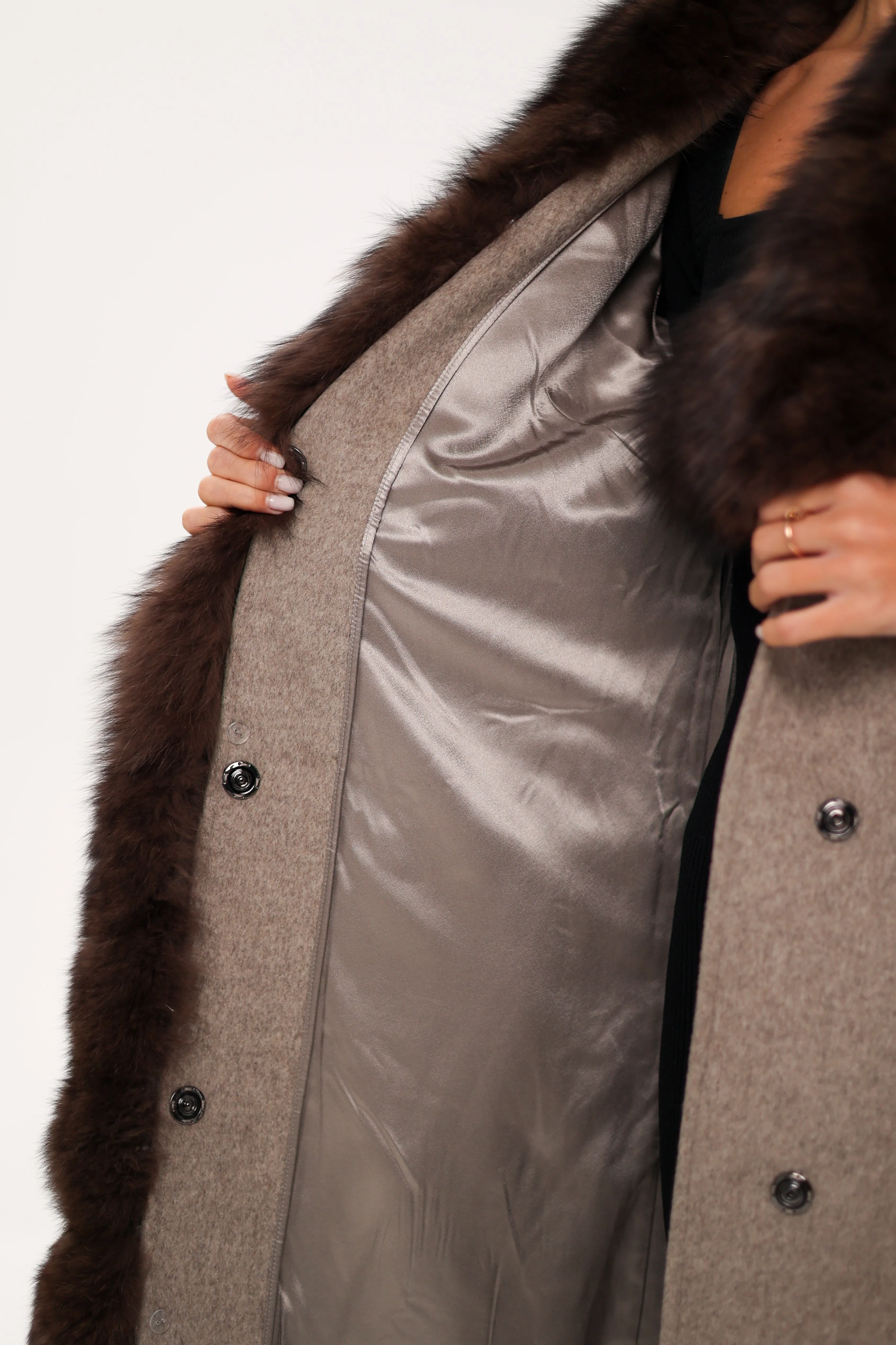 Genuine Polar Fox Fur Virgin Wool Coat