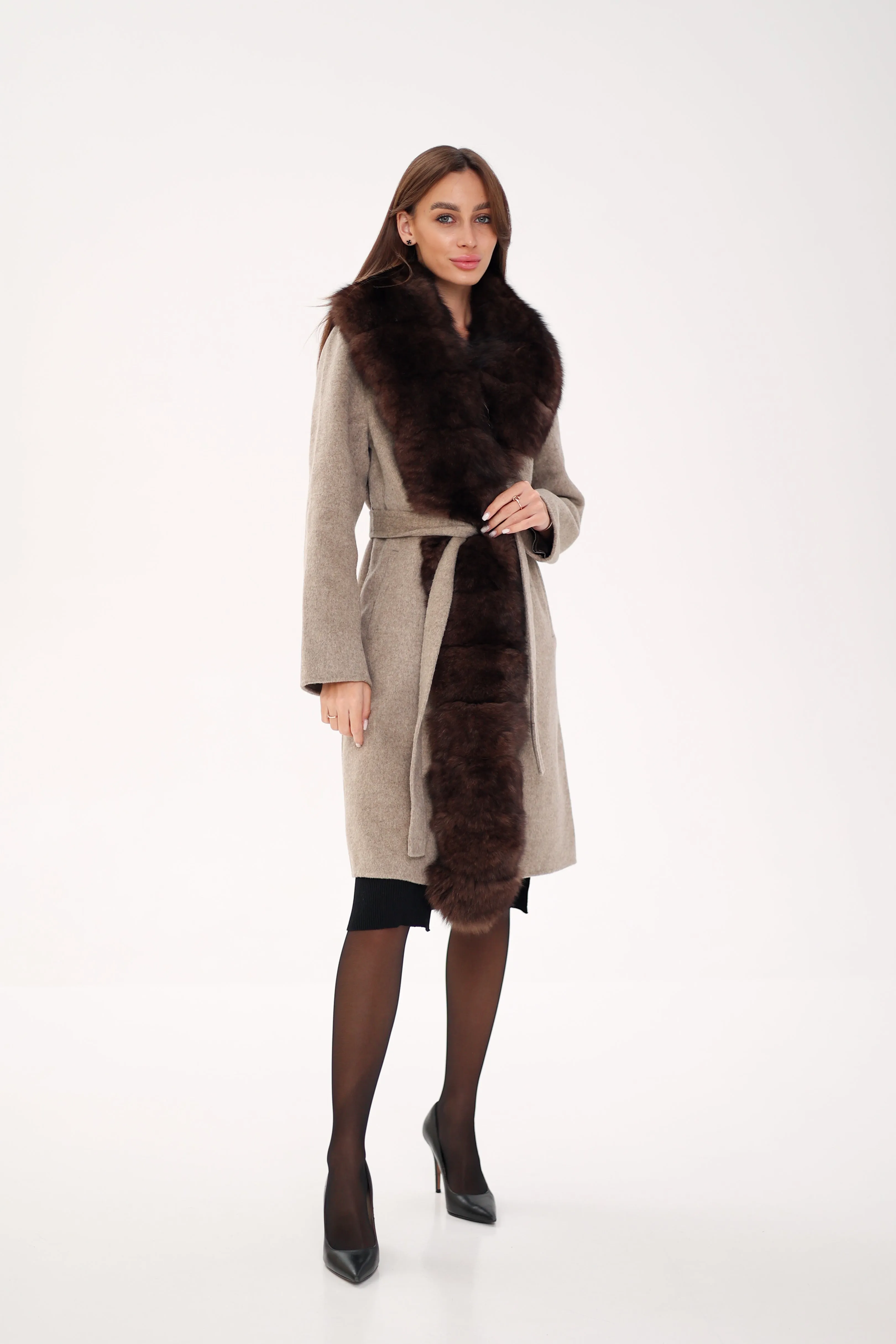 Genuine Polar Fox Fur Virgin Wool Coat