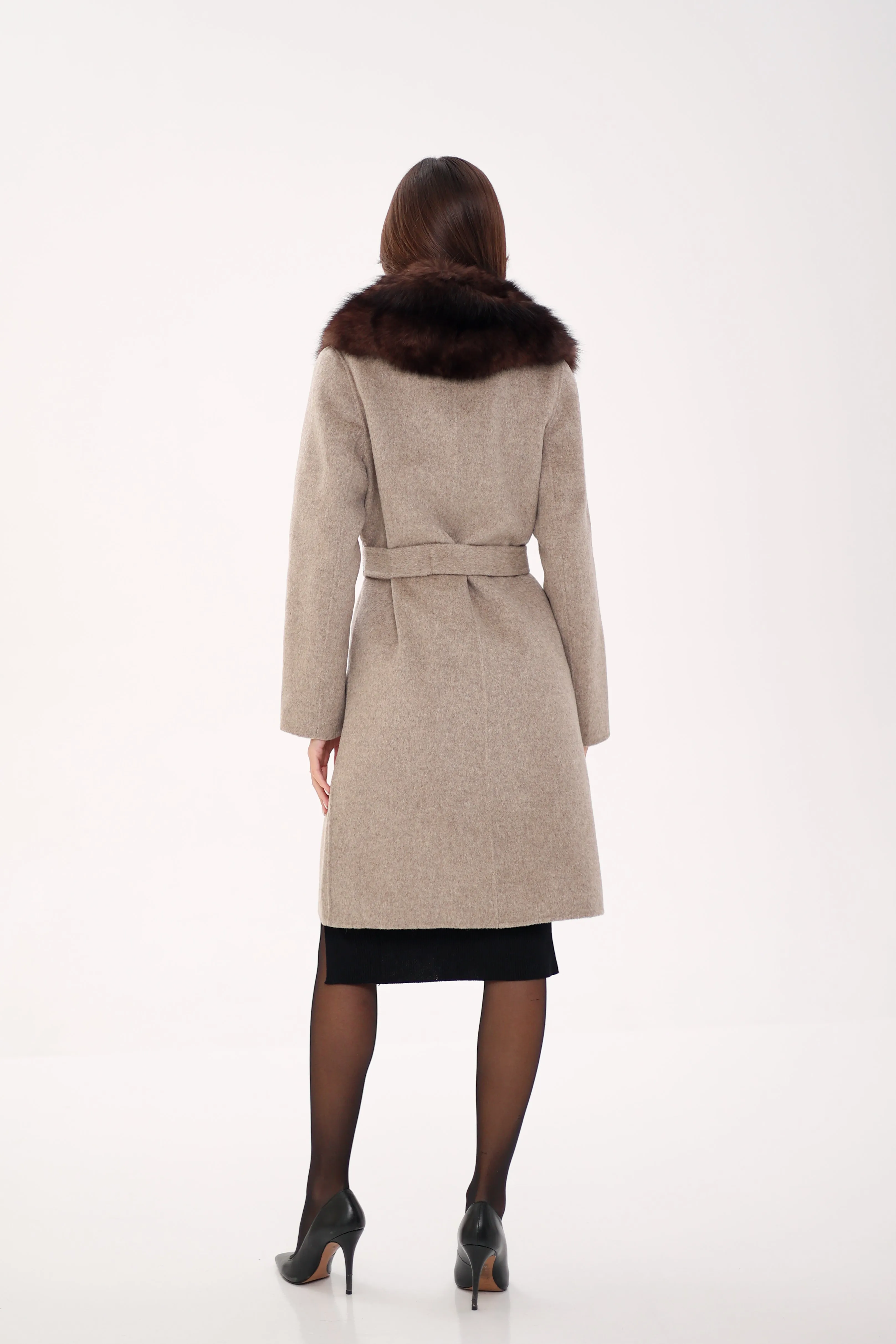 Genuine Polar Fox Fur Virgin Wool Coat