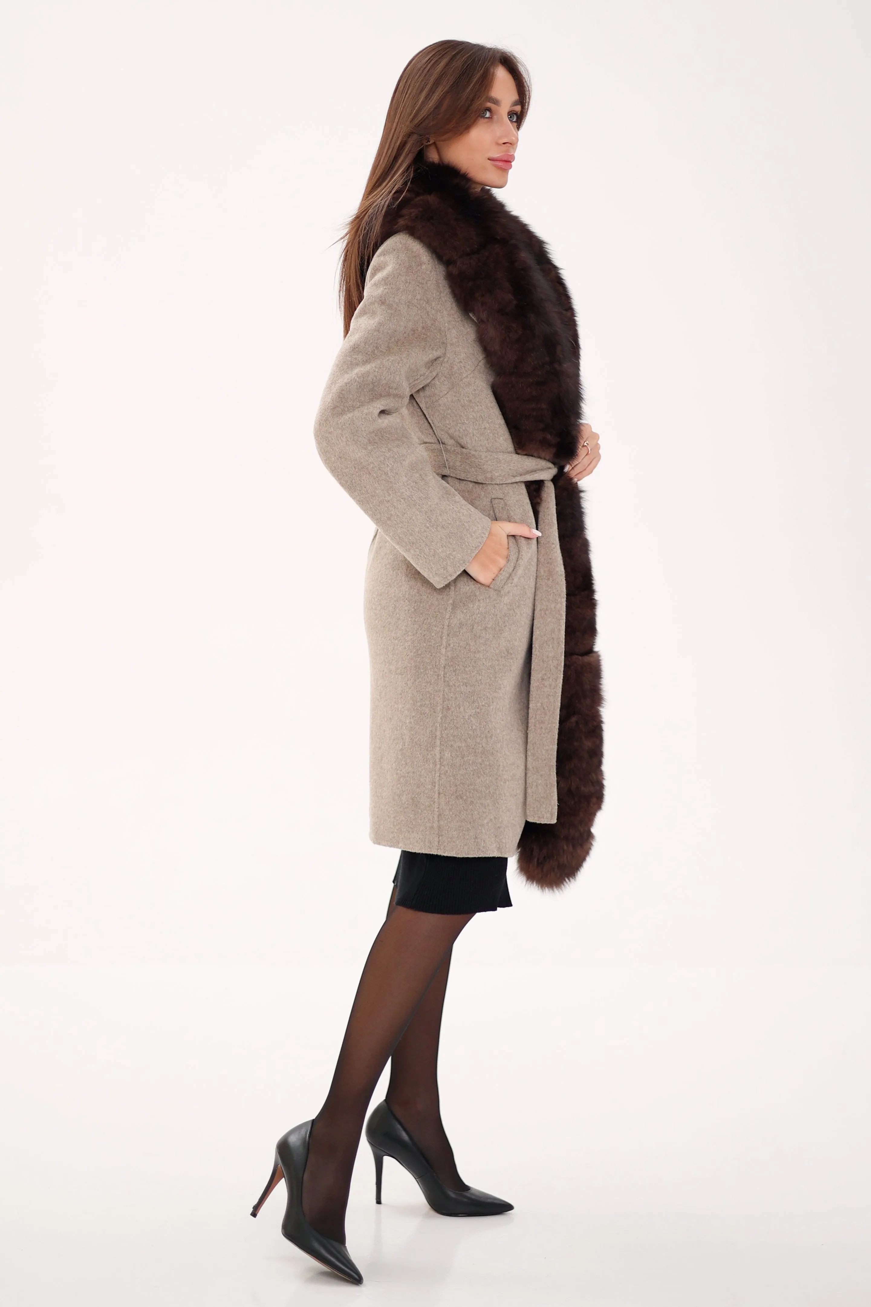 Genuine Polar Fox Fur Virgin Wool Coat