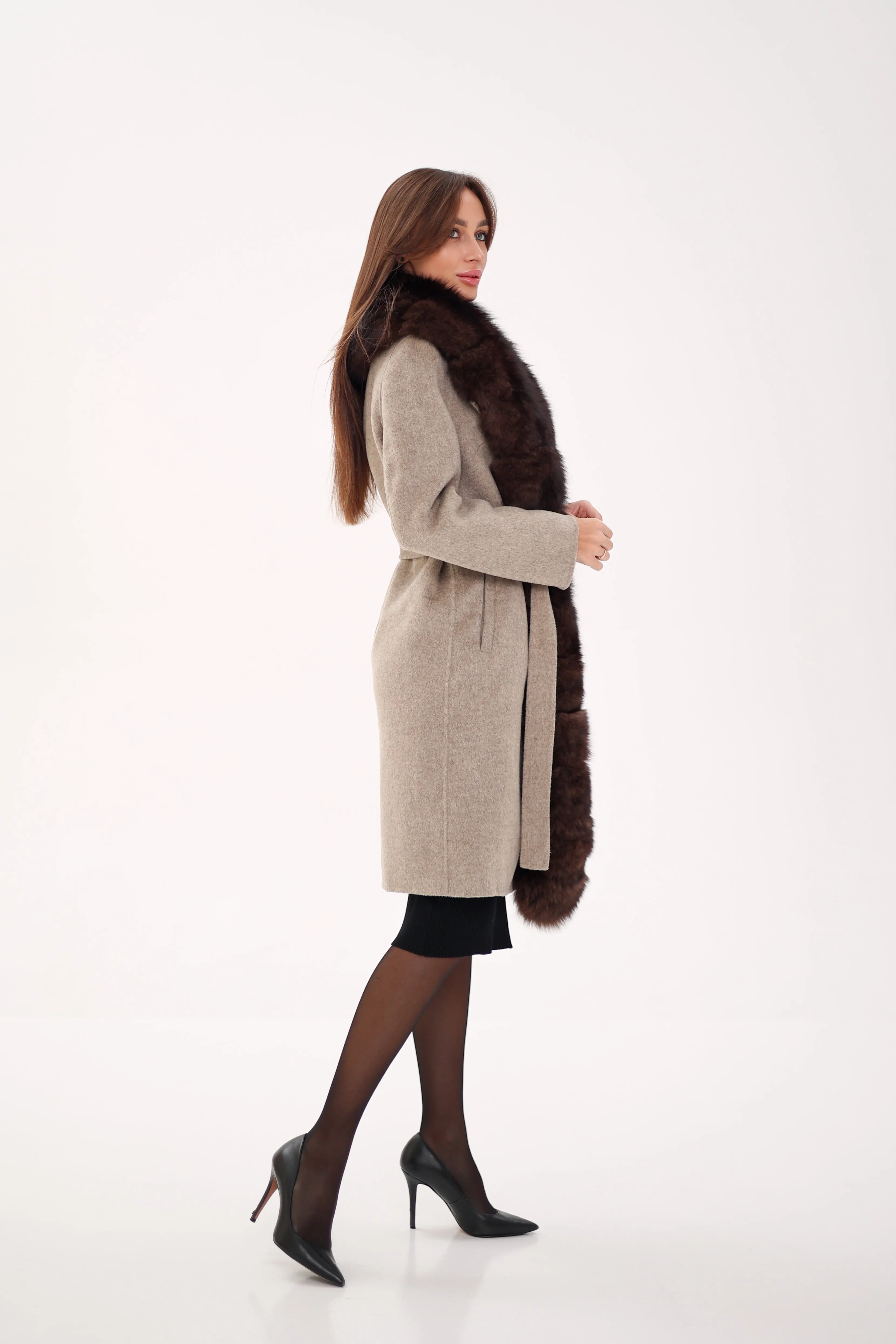 Genuine Polar Fox Fur Virgin Wool Coat