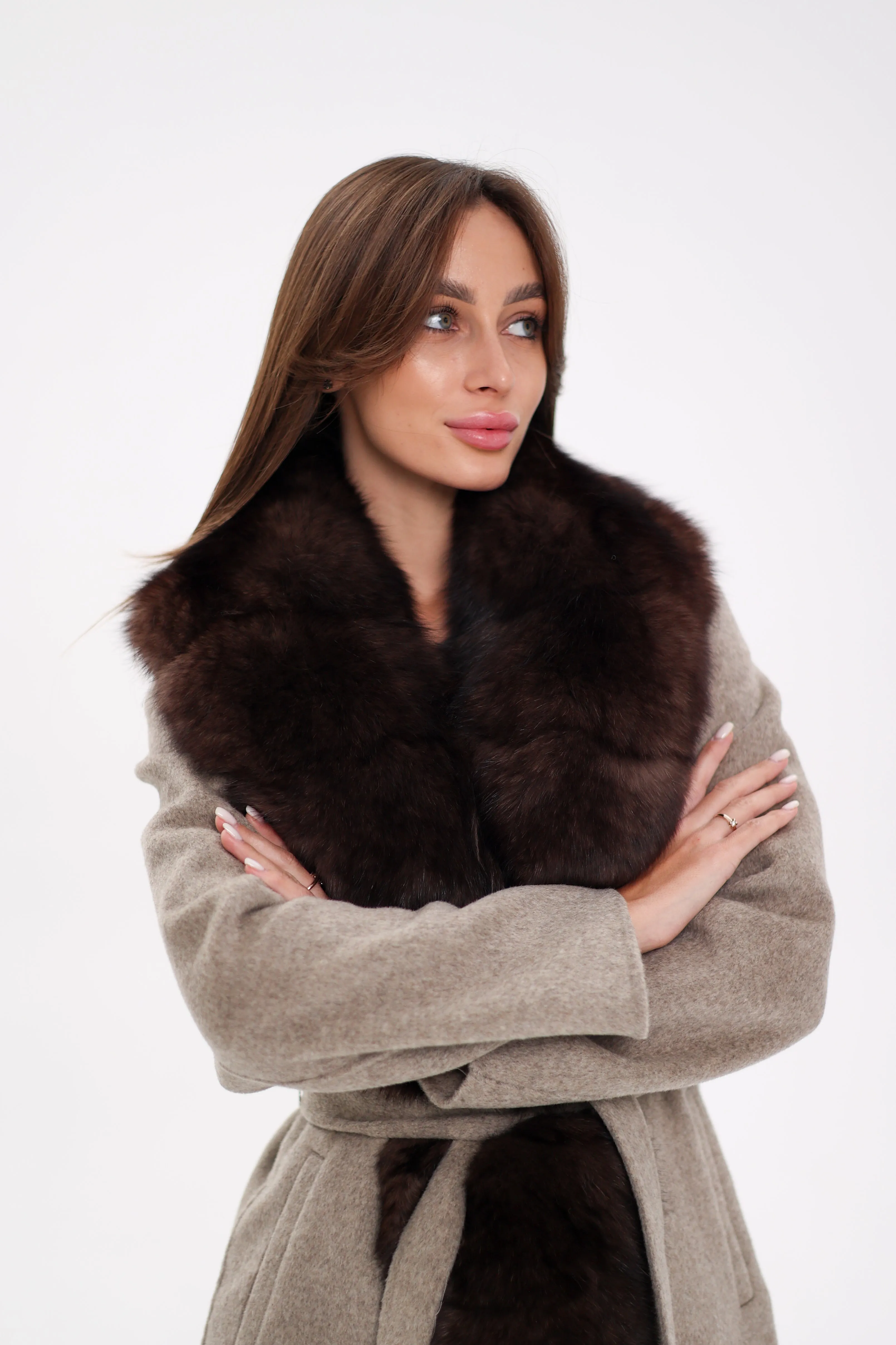 Genuine Polar Fox Fur Virgin Wool Coat