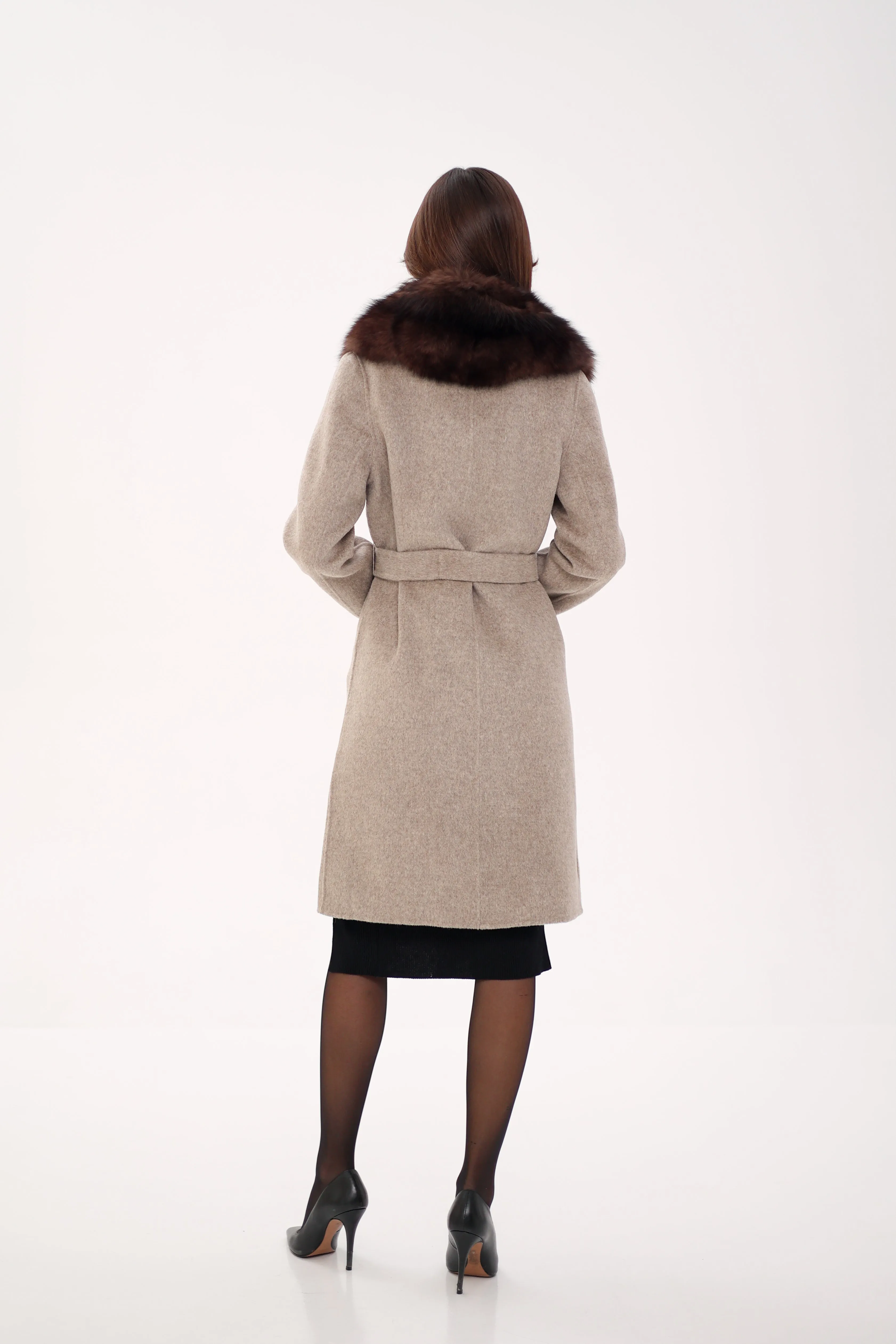 Genuine Polar Fox Fur Virgin Wool Coat