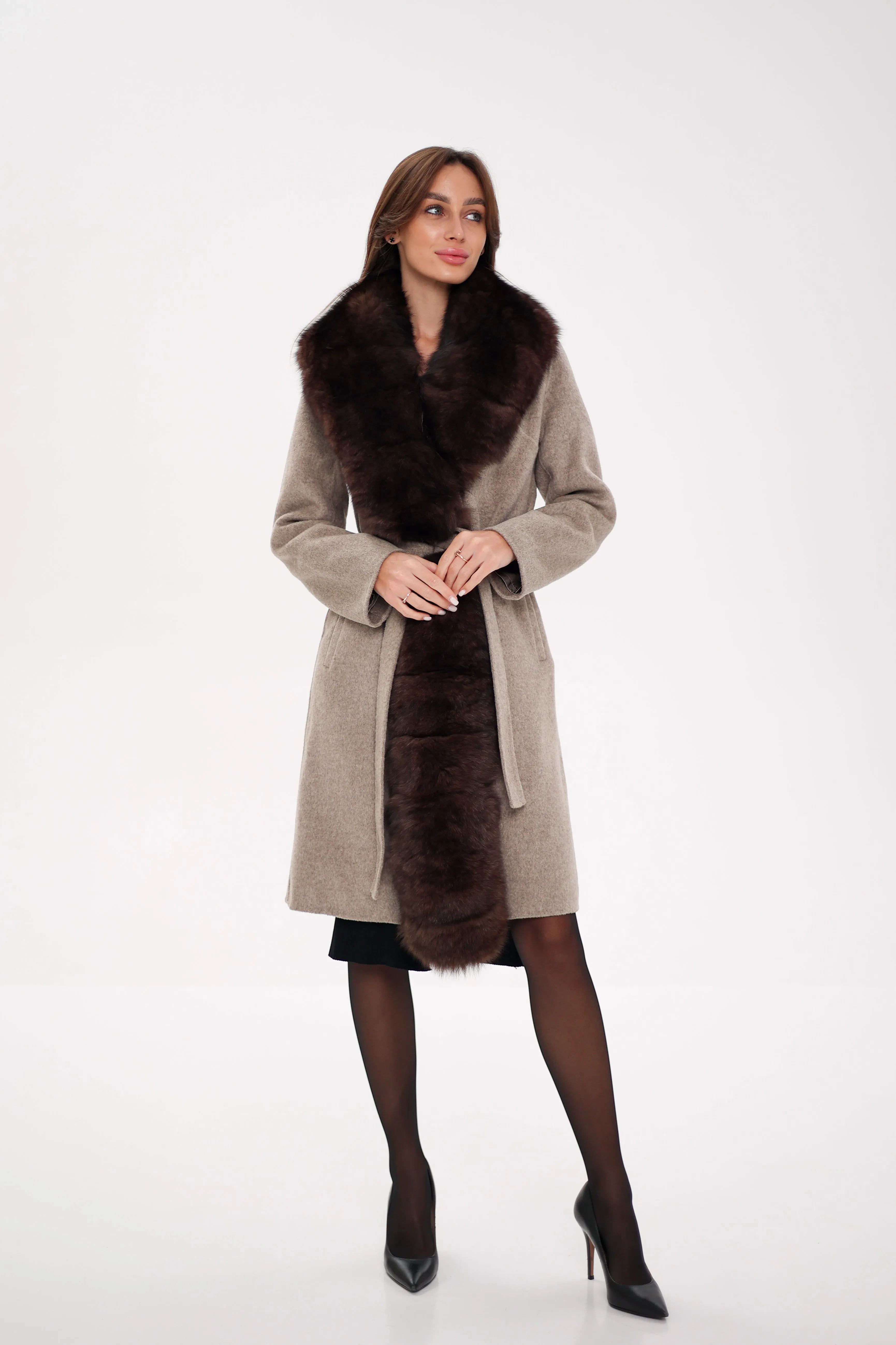 Genuine Polar Fox Fur Virgin Wool Coat