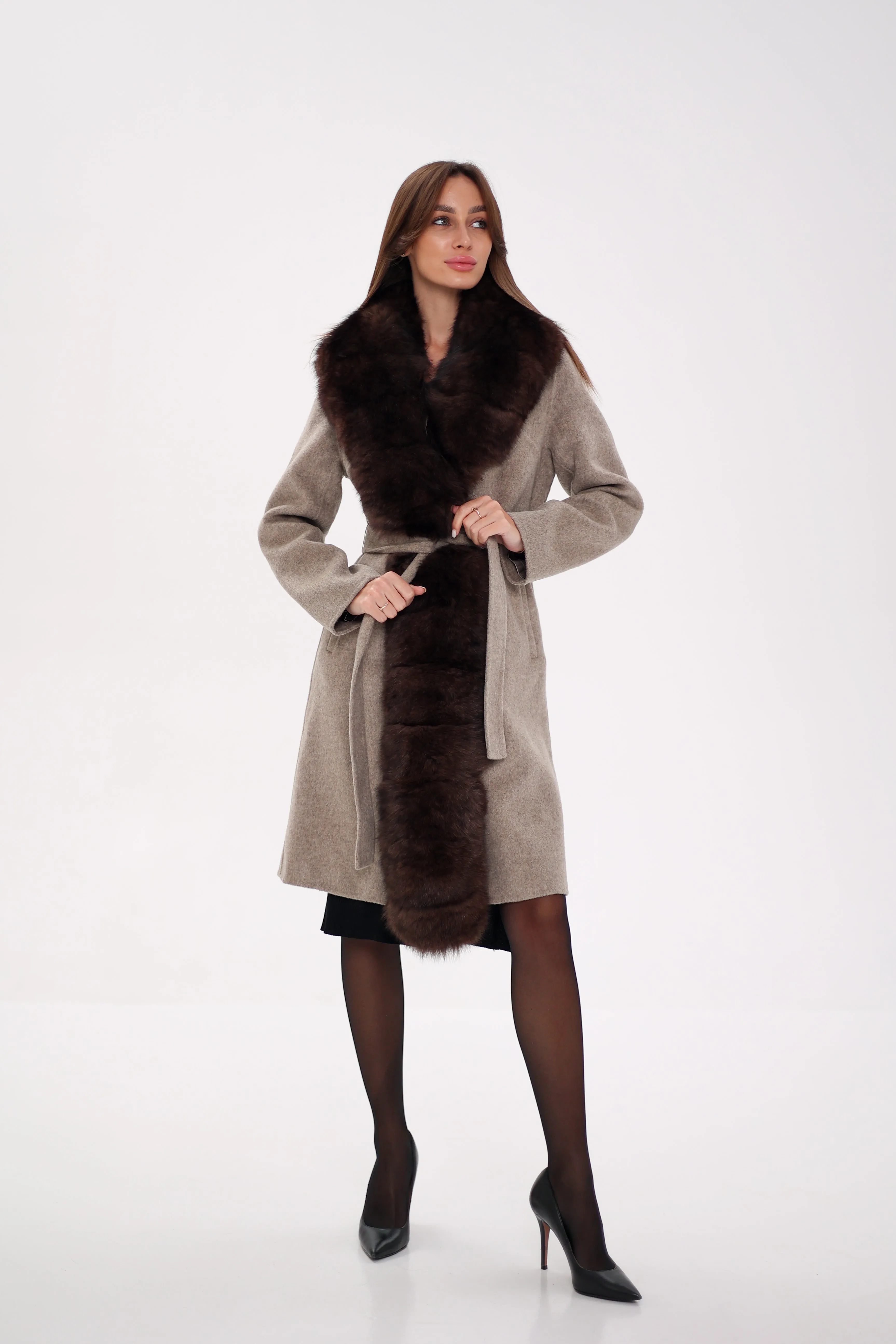 Genuine Polar Fox Fur Virgin Wool Coat