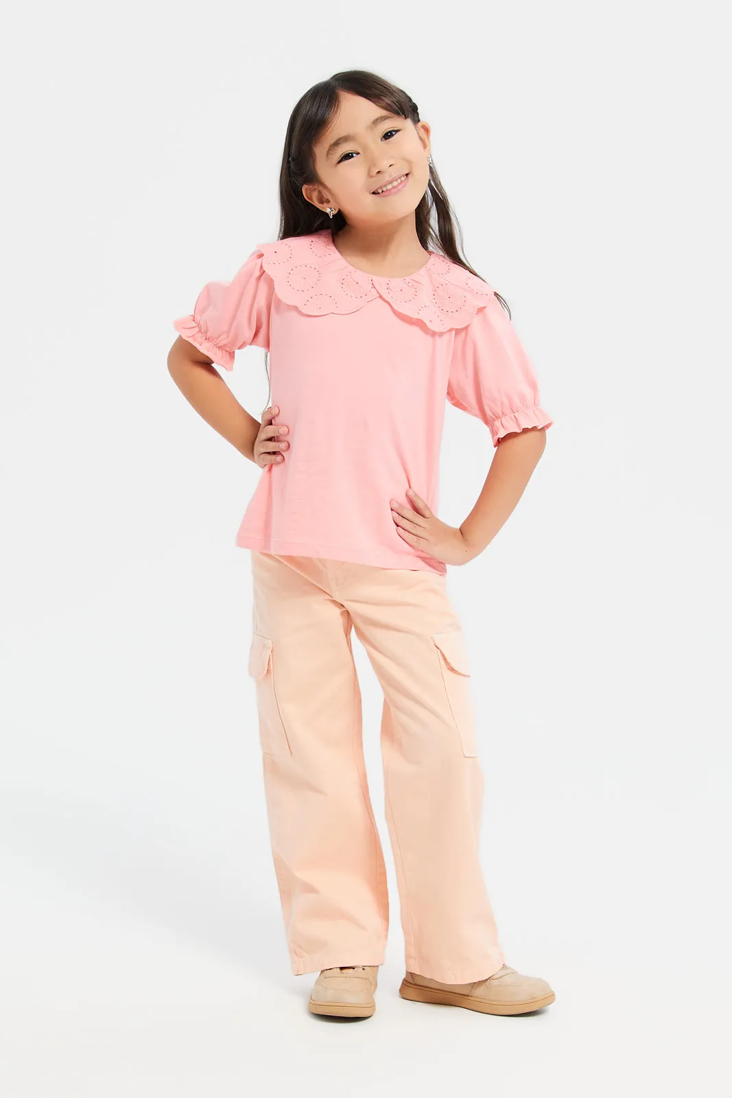 Girls Peach Plain Cargo Pants