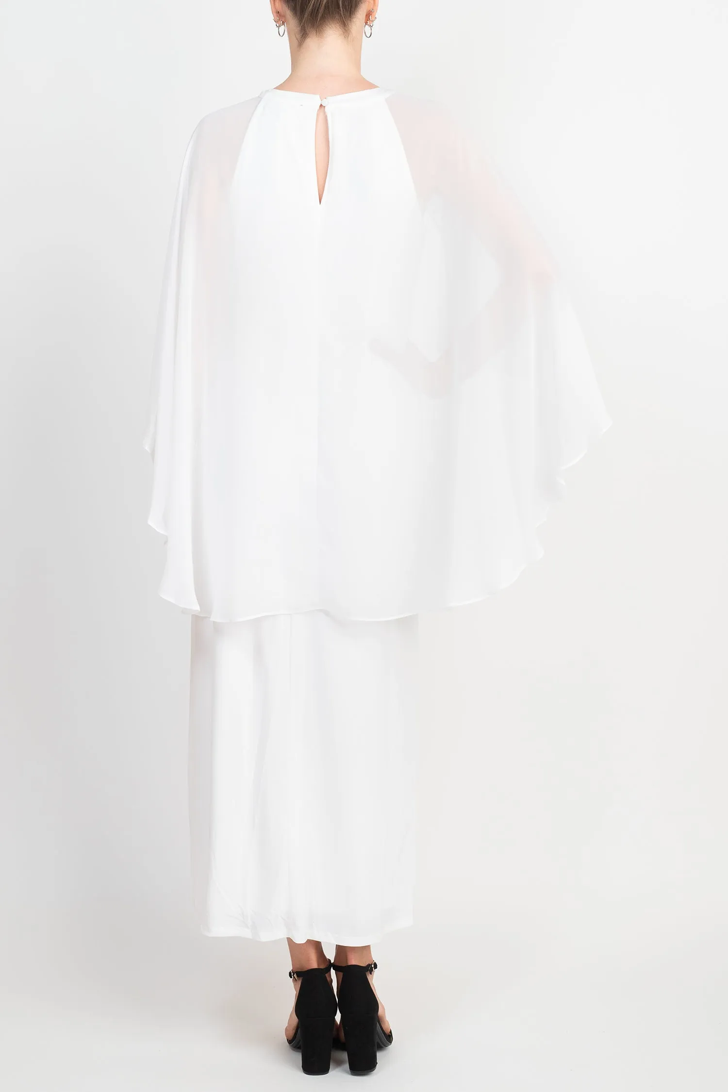 Glamour Scoop Neck Chiffon Cape Short Sleeve ITY Long Dress