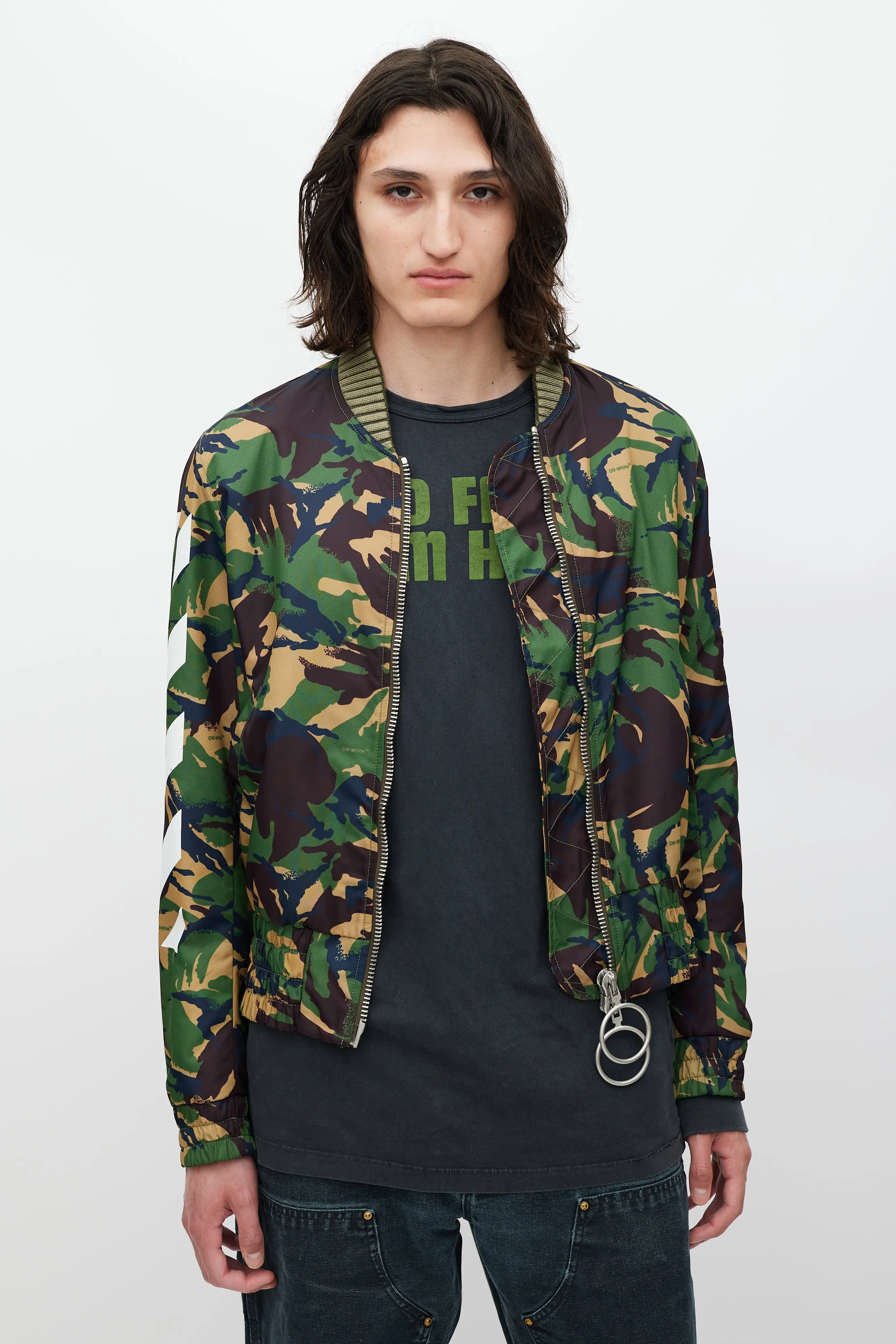 Green & Multicolour Camo Logo Bomber Jacket