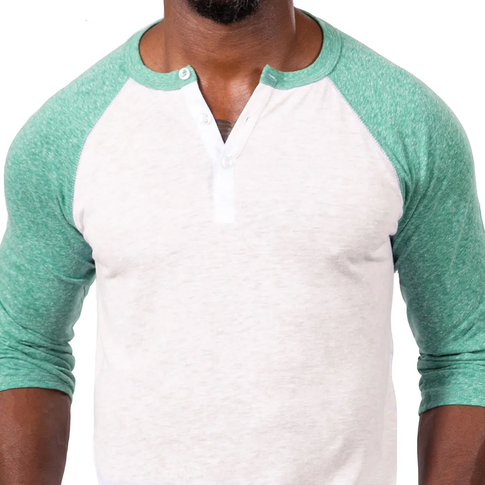 Green Heather & White Contrast 3/4 Raglan Sleeve Tri-Blend Henley - Made In USA (Size XL Remaining)