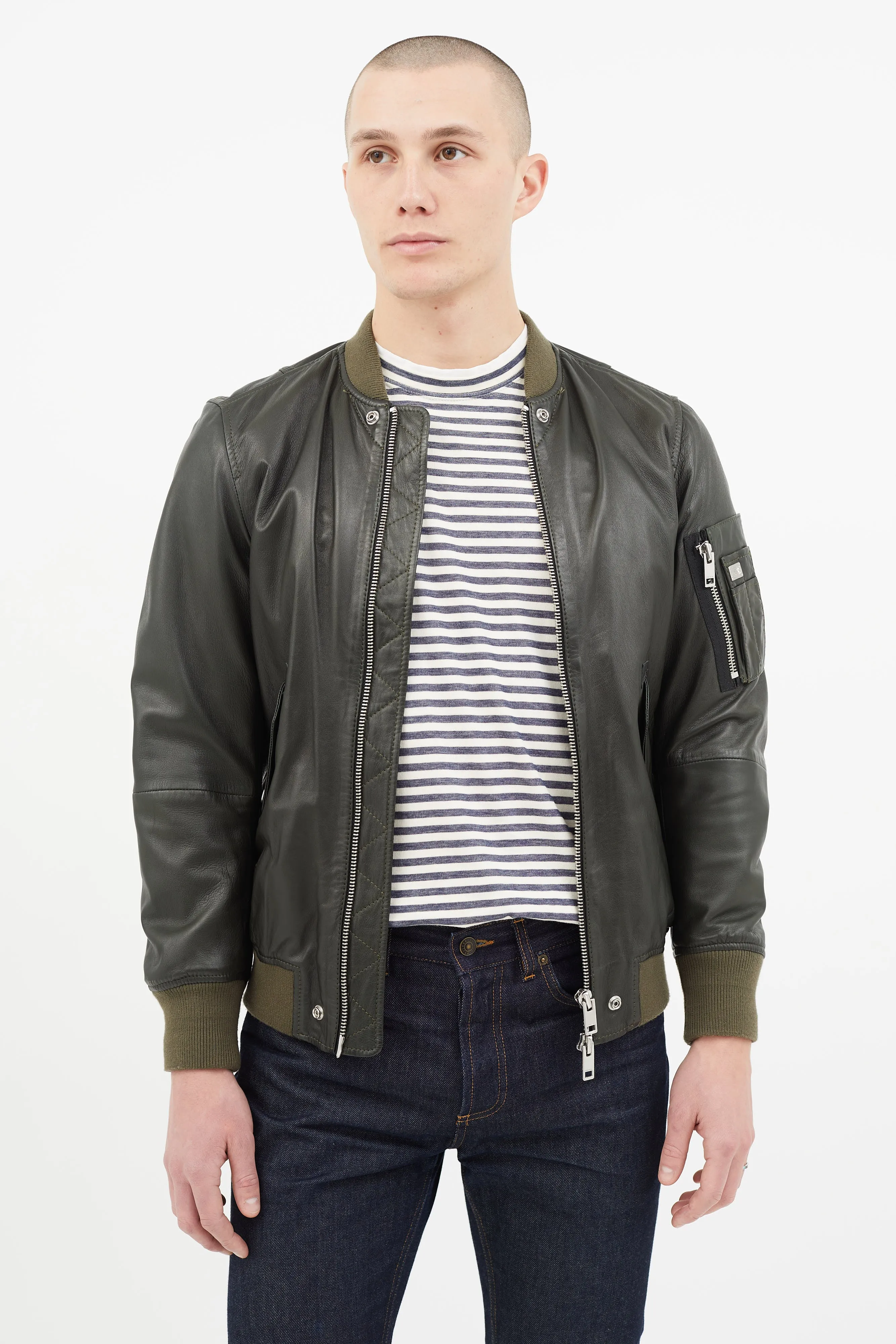 Green Leather Padded Bomber Jacket