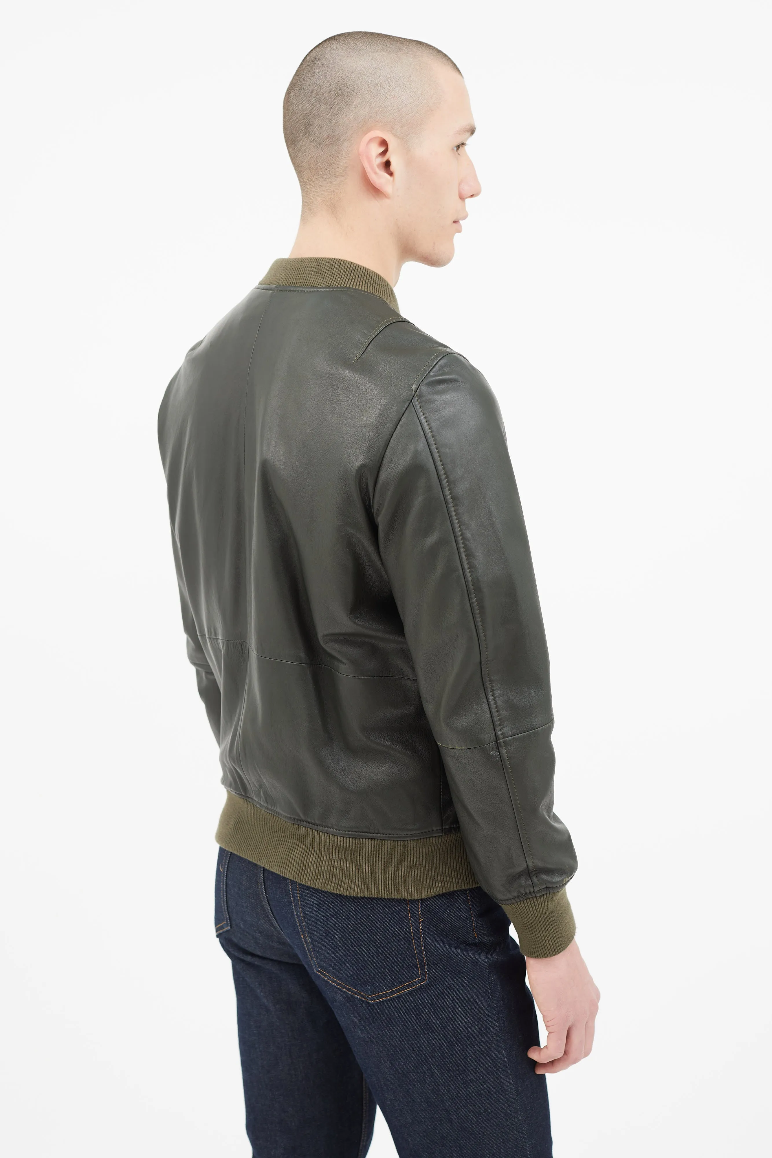 Green Leather Padded Bomber Jacket