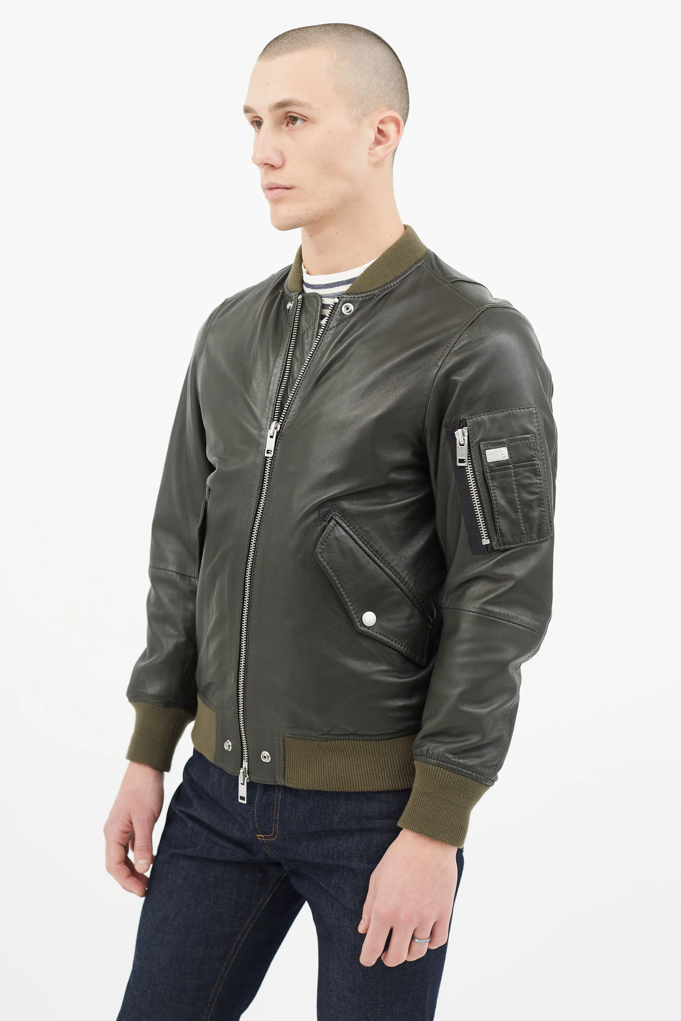 Green Leather Padded Bomber Jacket