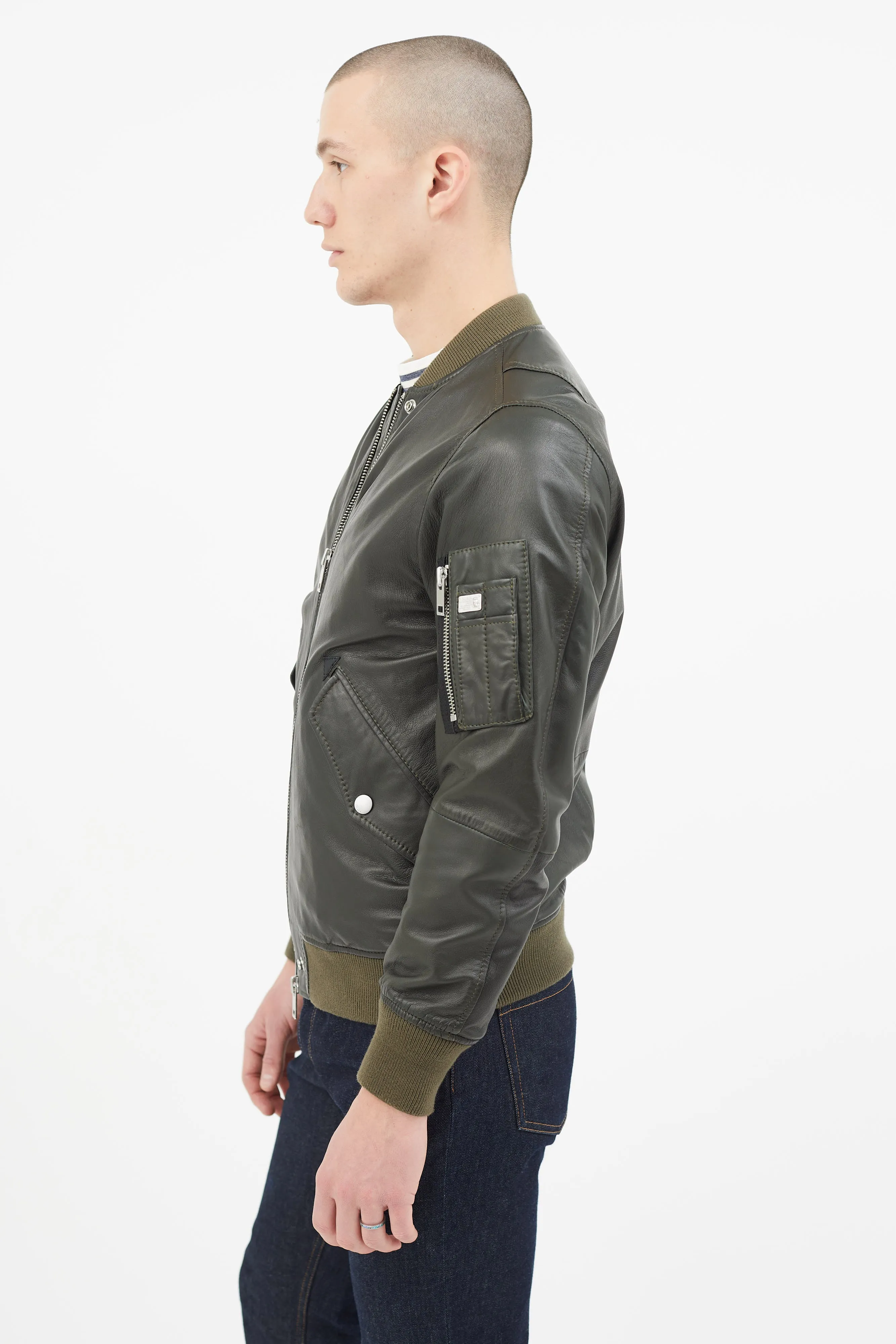 Green Leather Padded Bomber Jacket