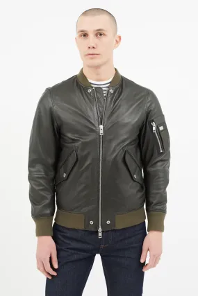 Green Leather Padded Bomber Jacket