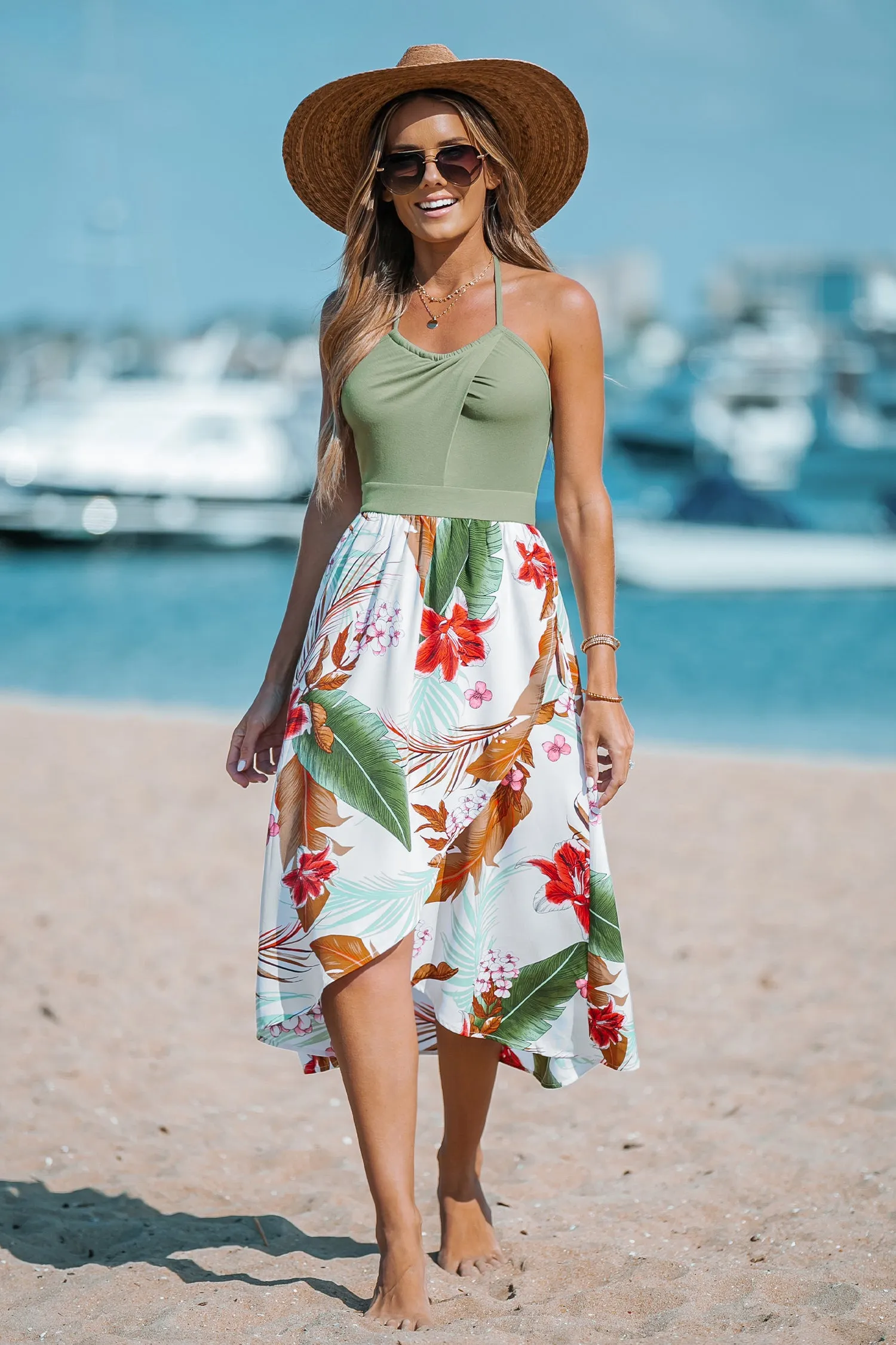 Halter Neck Tropical Floral Leaf Print Dress