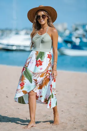 Halter Neck Tropical Floral Leaf Print Dress