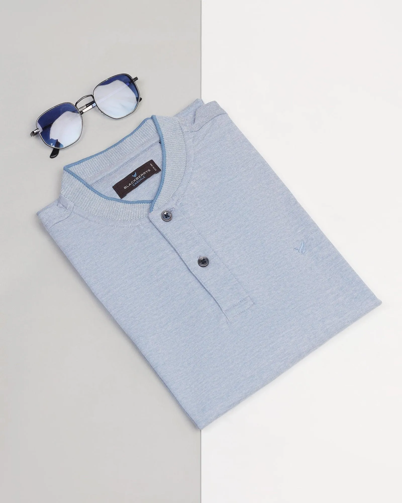 Henley Collar Blue Solid T-Shirt - Fredy