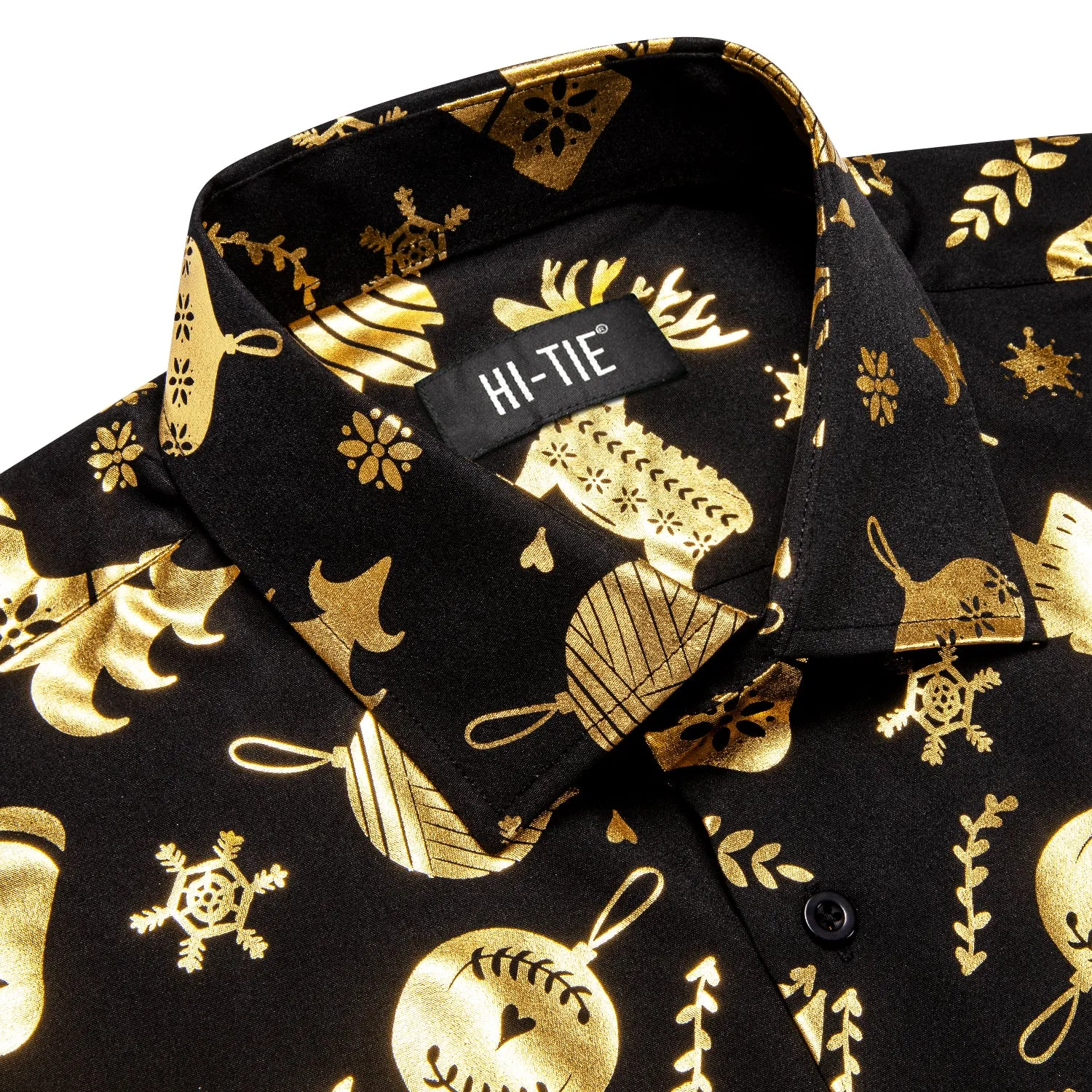 Hi-Tie Black Gold Novelty Men Long Sleeve Shirt Christmas Festival Top