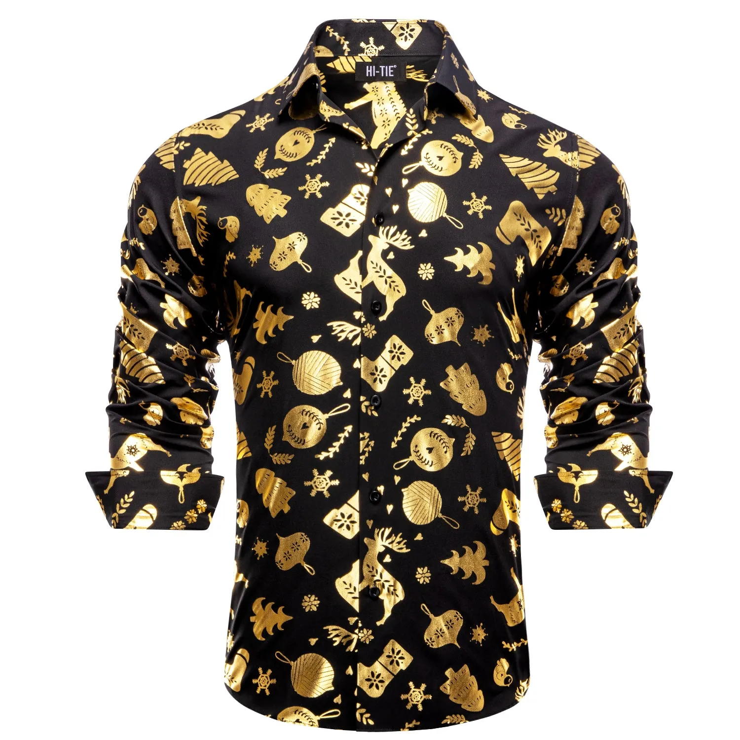 Hi-Tie Black Gold Novelty Men Long Sleeve Shirt Christmas Festival Top