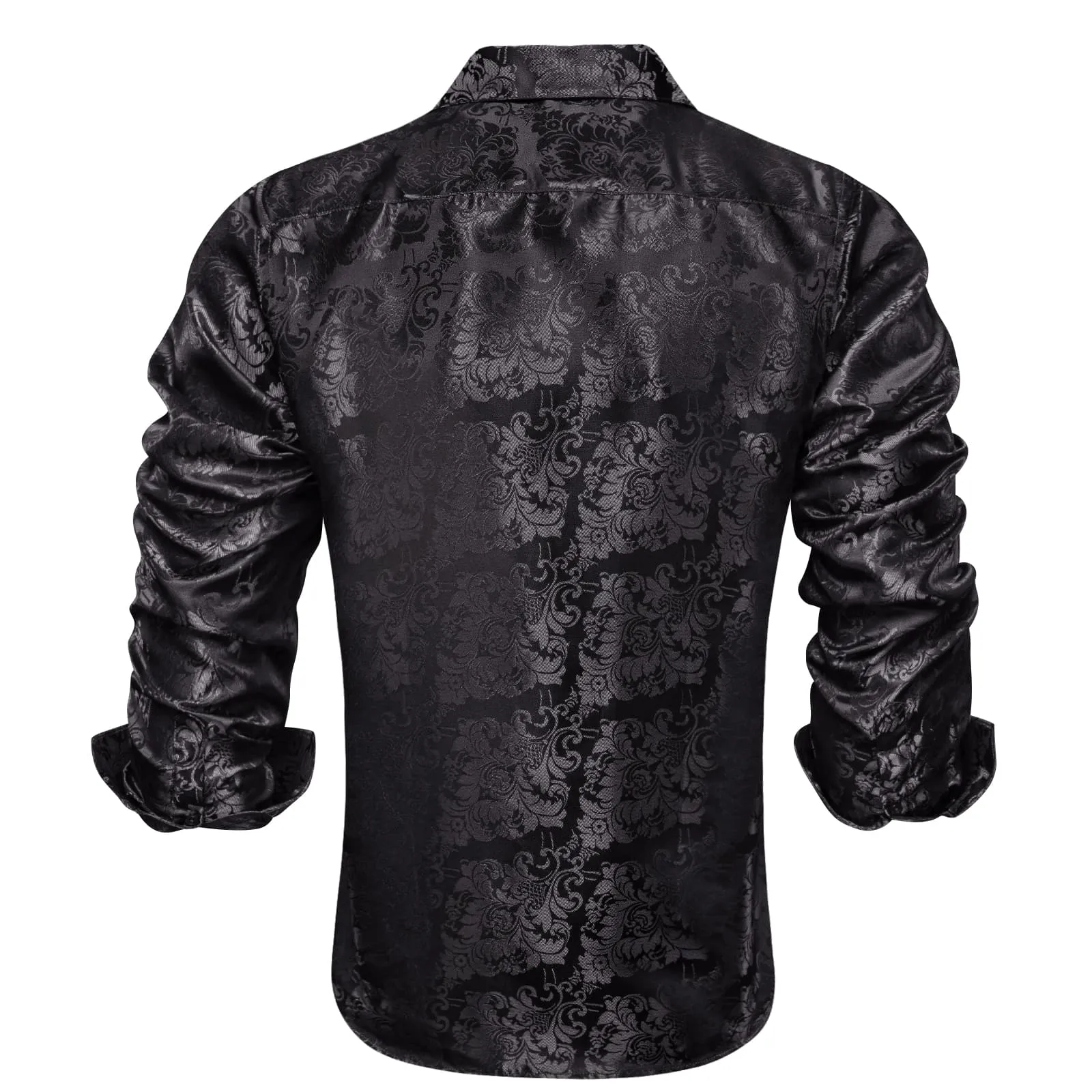 Hi-Tie Classic Black Floral Silk Button Up Long Sleeve Shirt for Men