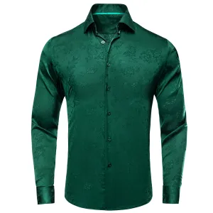 Hi-Tie Dark Green Satin Shirt Emerald Green Floral Silk Men's Shirt