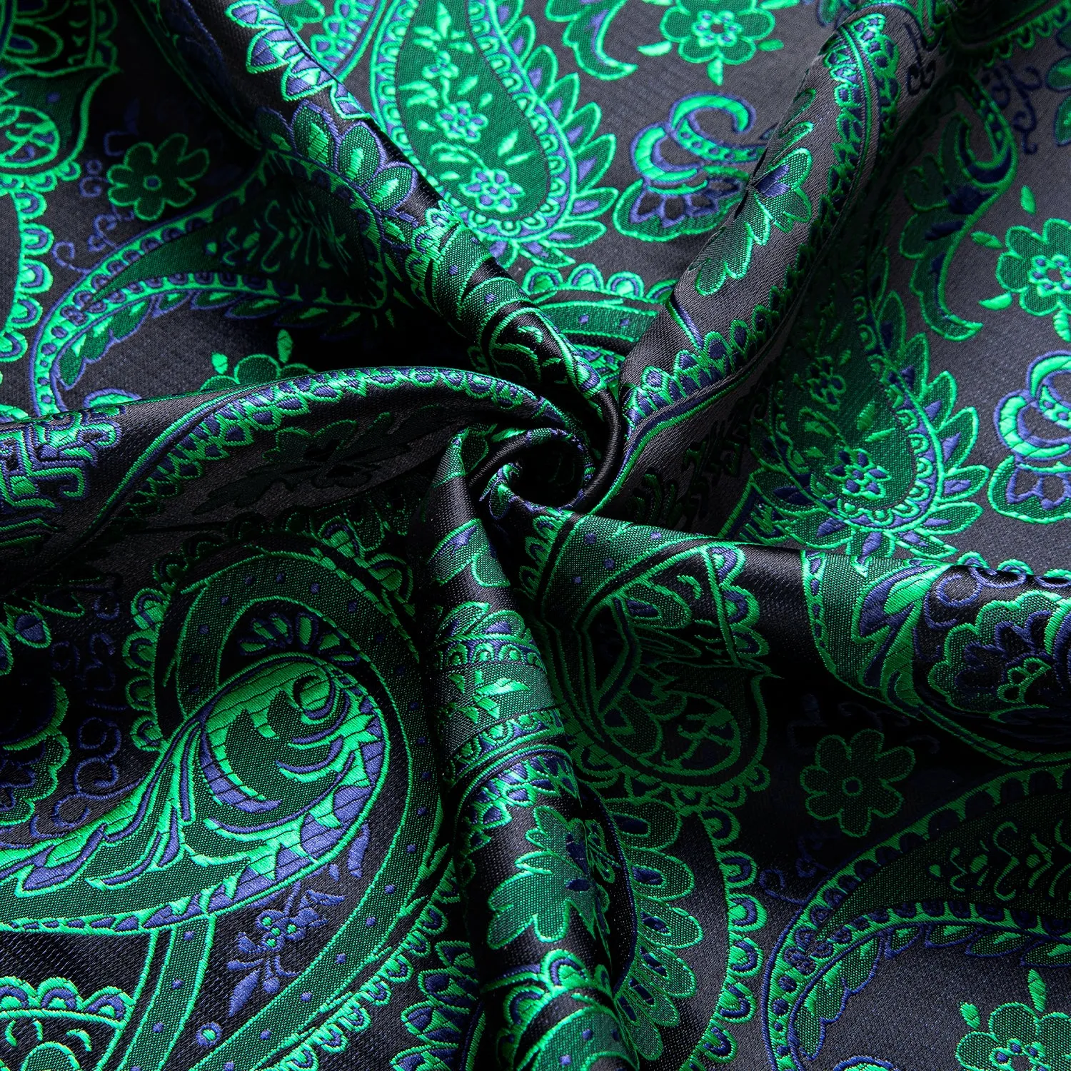 Hi-Tie Dark Green Shirt Blue Paisley Silk Top Men's Long Sleeve Shirt