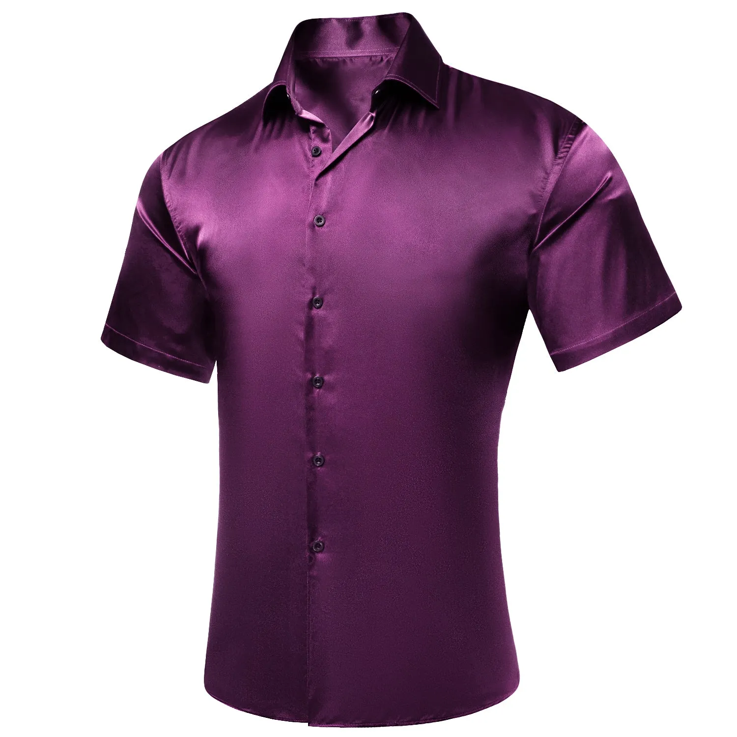 Hi-Tie Deep Purple Solid Satin Men's Short Sleeve Shirt