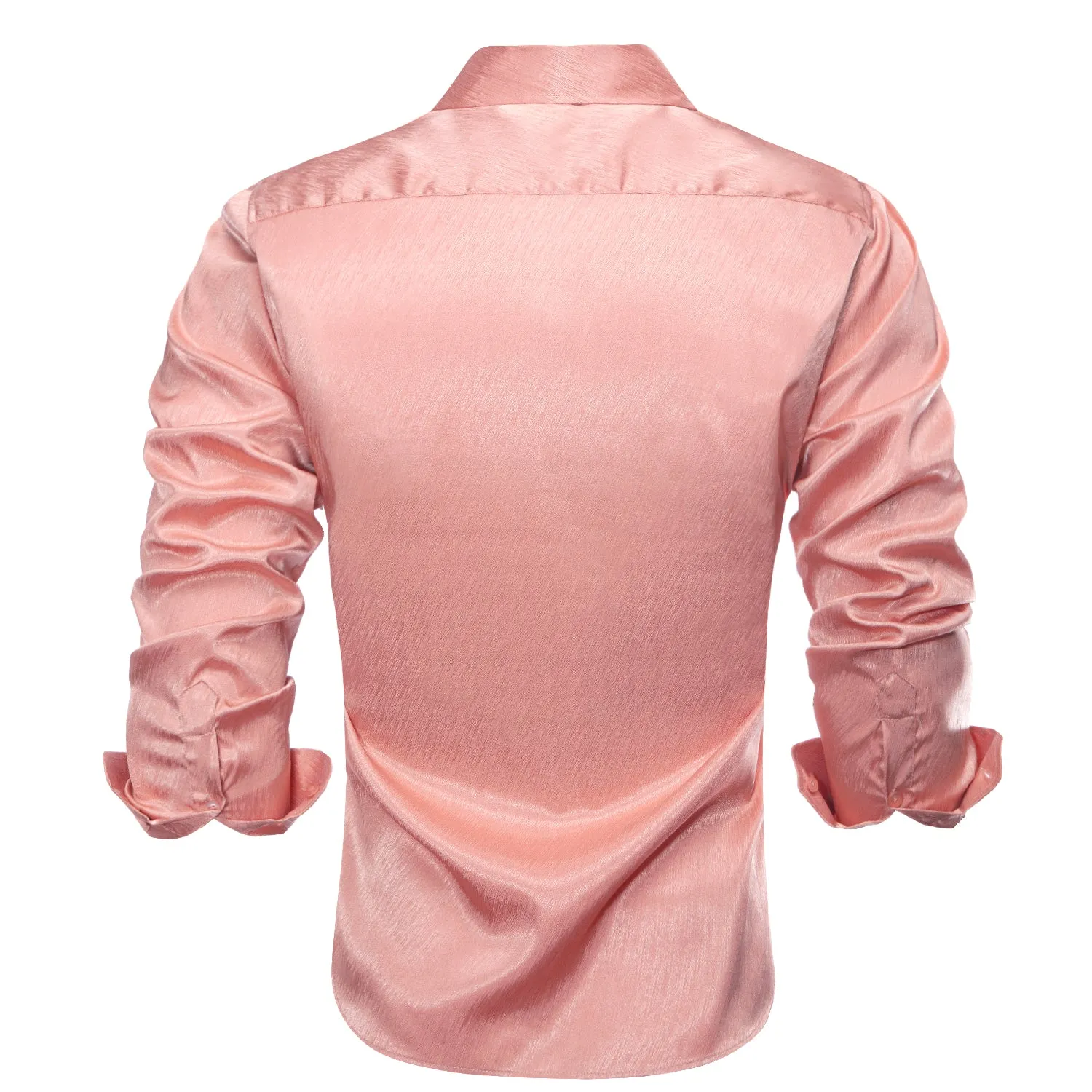 Hi-Tie Rose Pink Shirt Golden Solid Silk Mens Button Long Sleeve Shirt