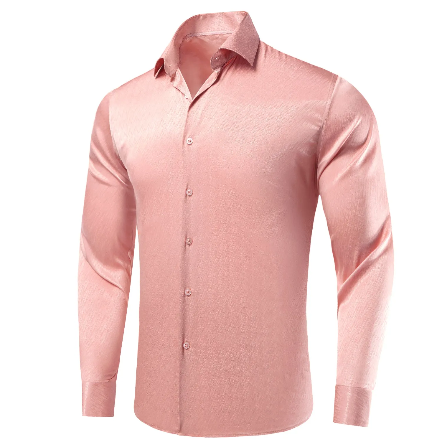 Hi-Tie Rose Pink Shirt Golden Solid Silk Mens Button Long Sleeve Shirt