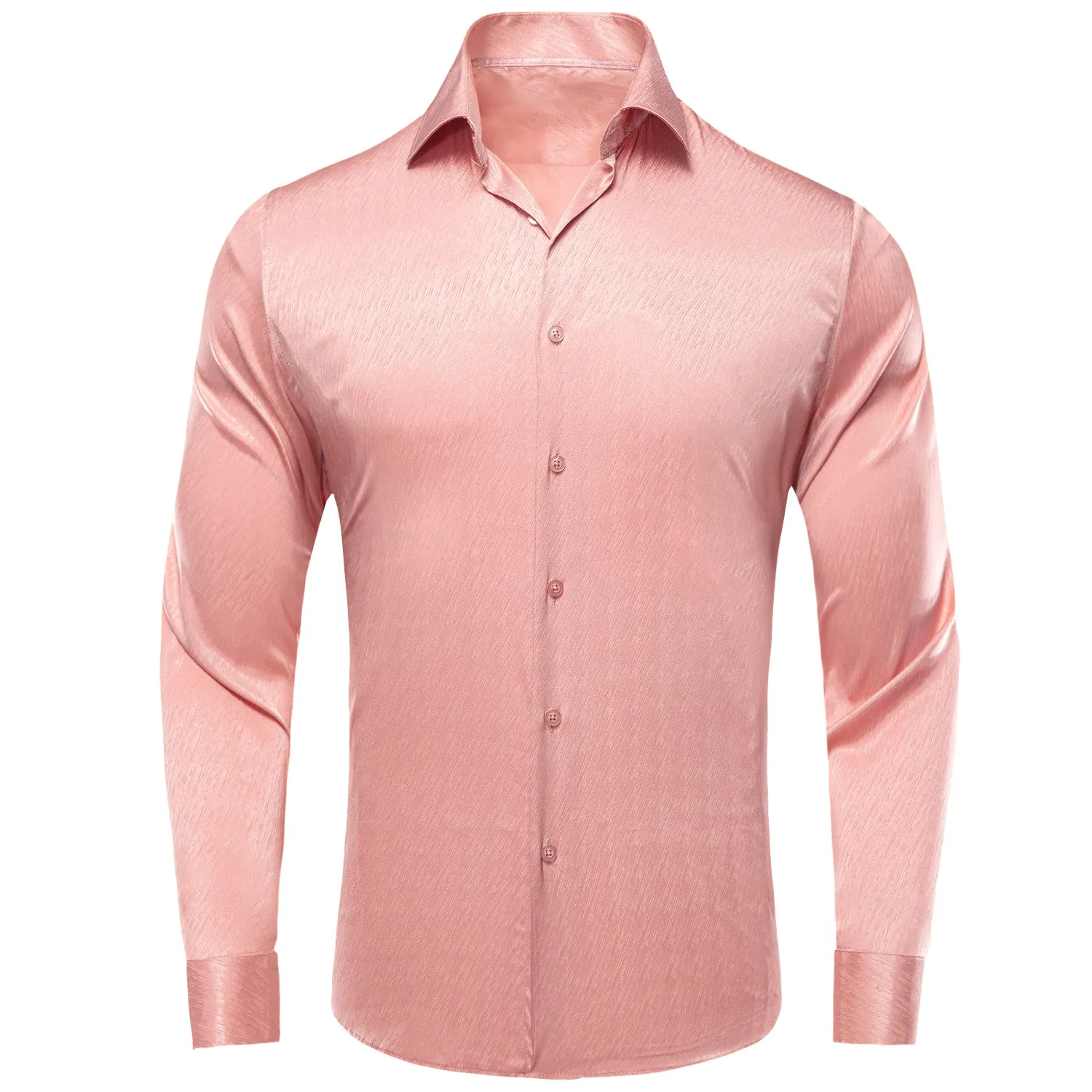 Hi-Tie Rose Pink Shirt Golden Solid Silk Mens Button Long Sleeve Shirt