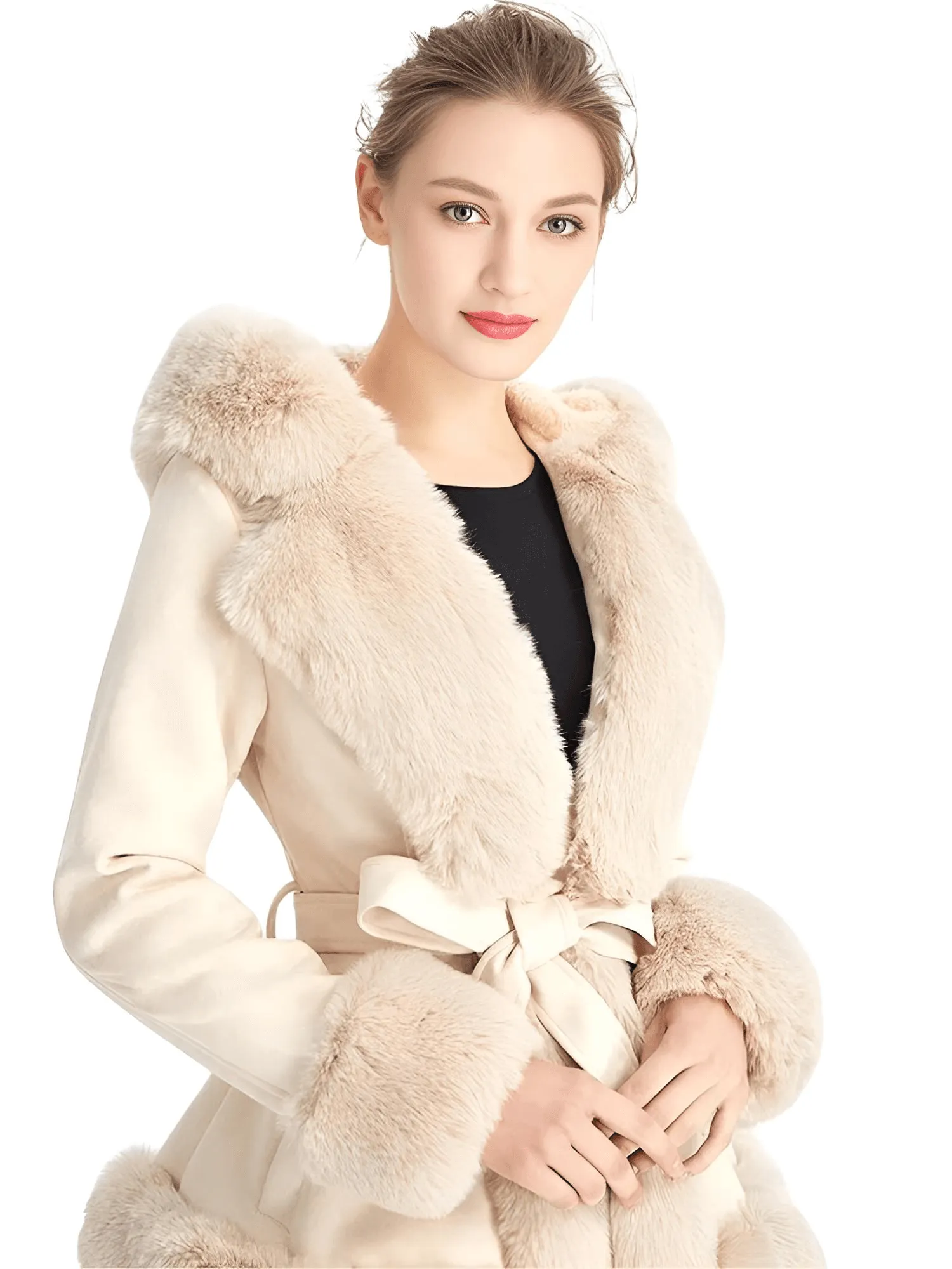 Hooded Fur Coats For Women With Belt and Fur Lining Inside