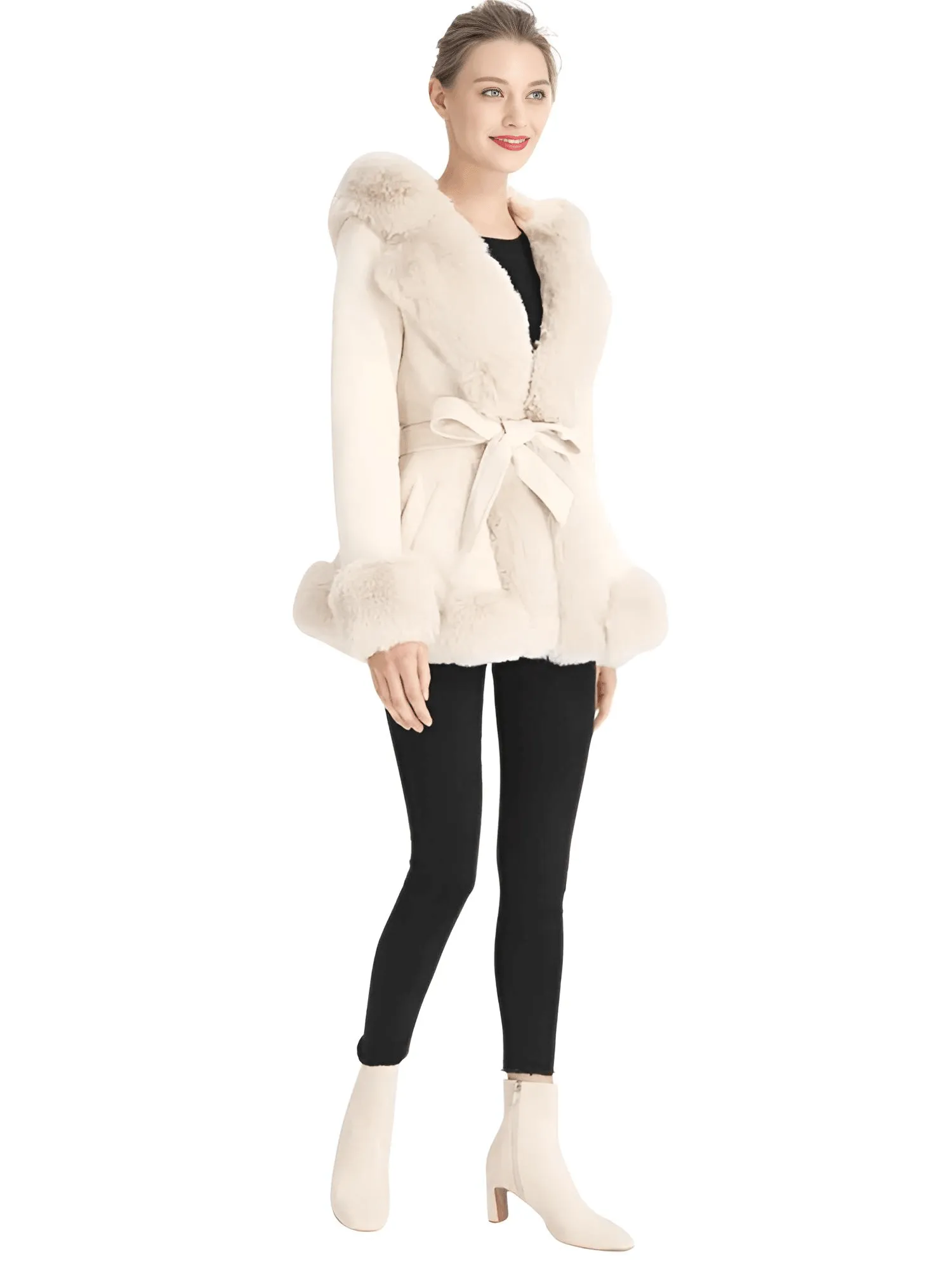 Hooded Fur Coats For Women With Belt and Fur Lining Inside