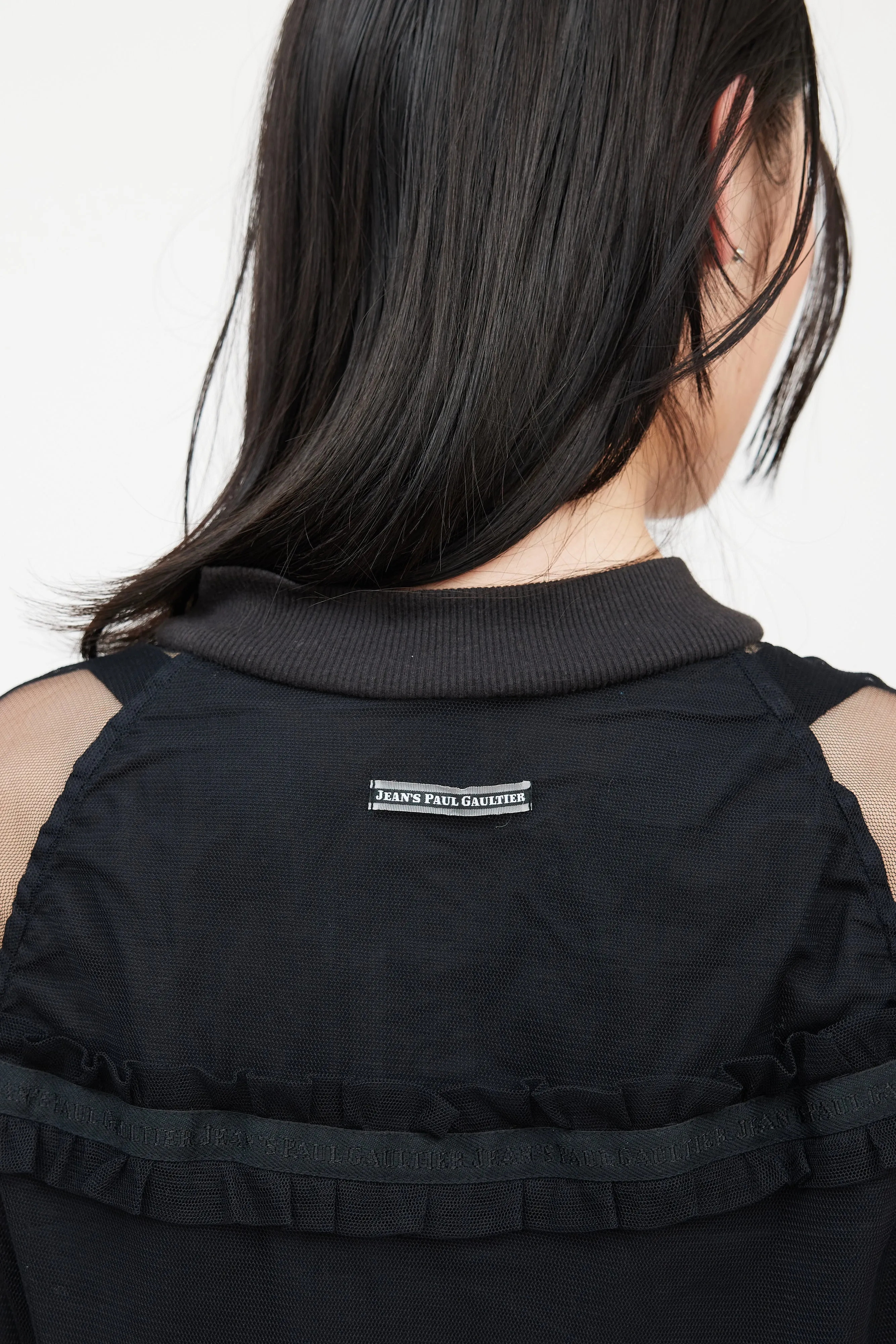 Jean's Black Mesh Logo Ruffle Bomber Jacket