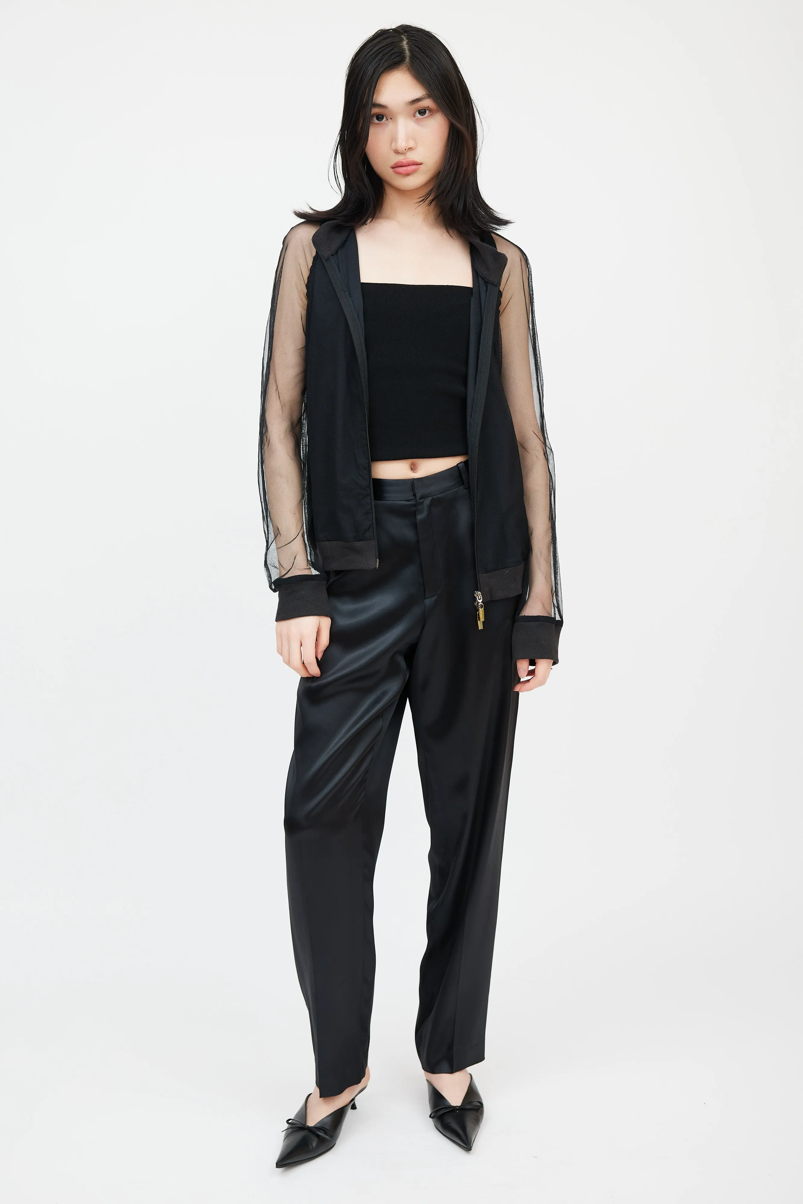 Jean's Black Mesh Logo Ruffle Bomber Jacket