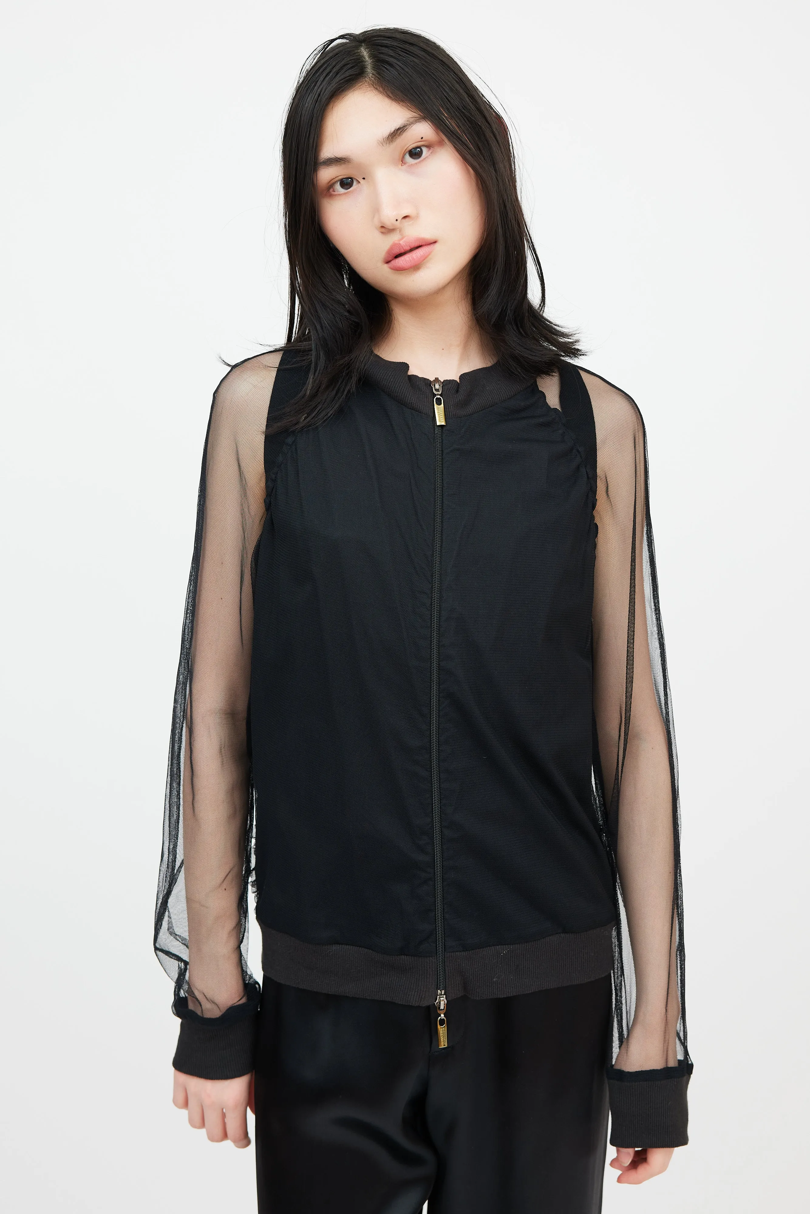 Jean's Black Mesh Logo Ruffle Bomber Jacket