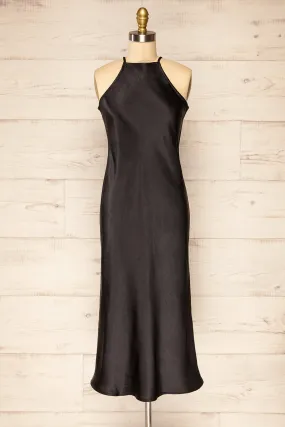 Kenaka Black | Satin Midi Halter Dress