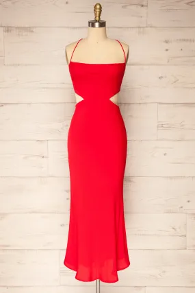 Krahken Red | Cowl Neck Backless Midi Dress