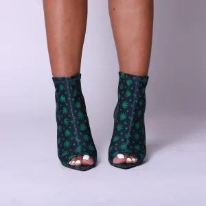 Kush Leaf Pattern Print Open Toe Heel Booties