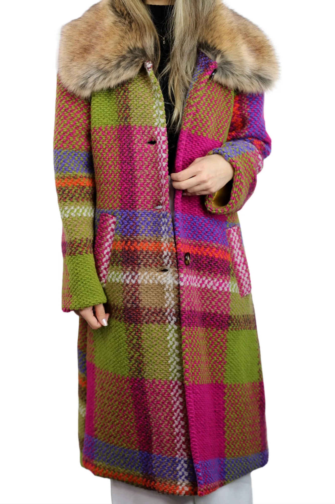 La Fiorentina Long Plaid Wool Coat w/ Faux Fur Trim - Fuchsia/Camel