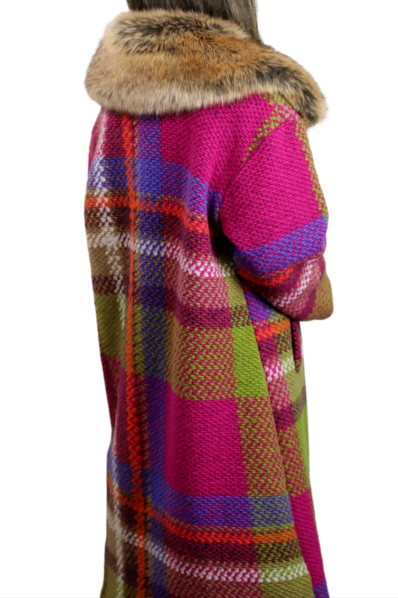 La Fiorentina Long Plaid Wool Coat w/ Faux Fur Trim - Fuchsia/Camel