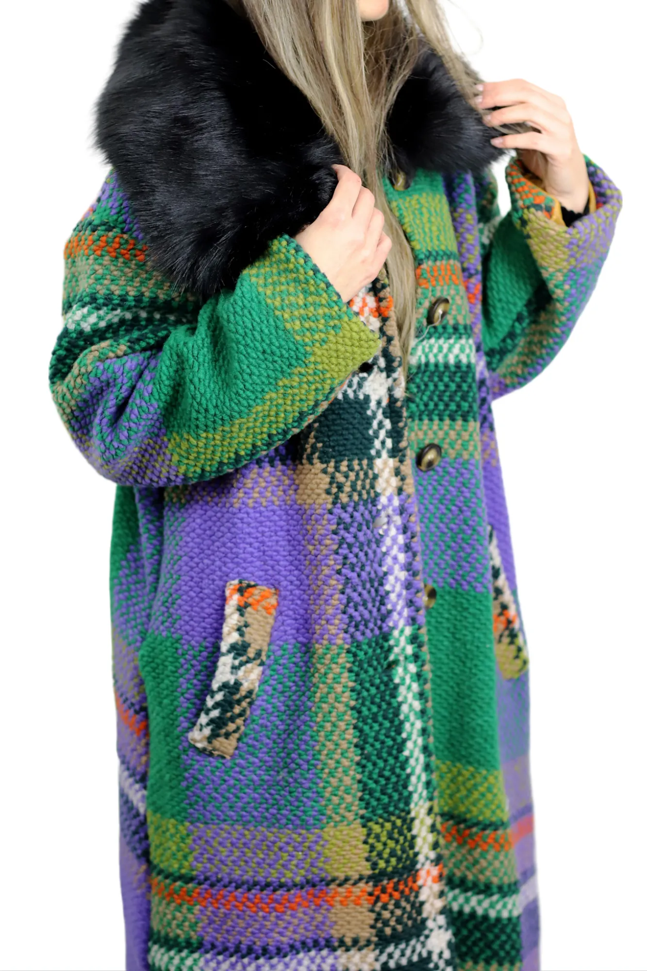 La Fiorentina Long Plaid Wool Coat w/ Faux Fur Trim- Green/Black